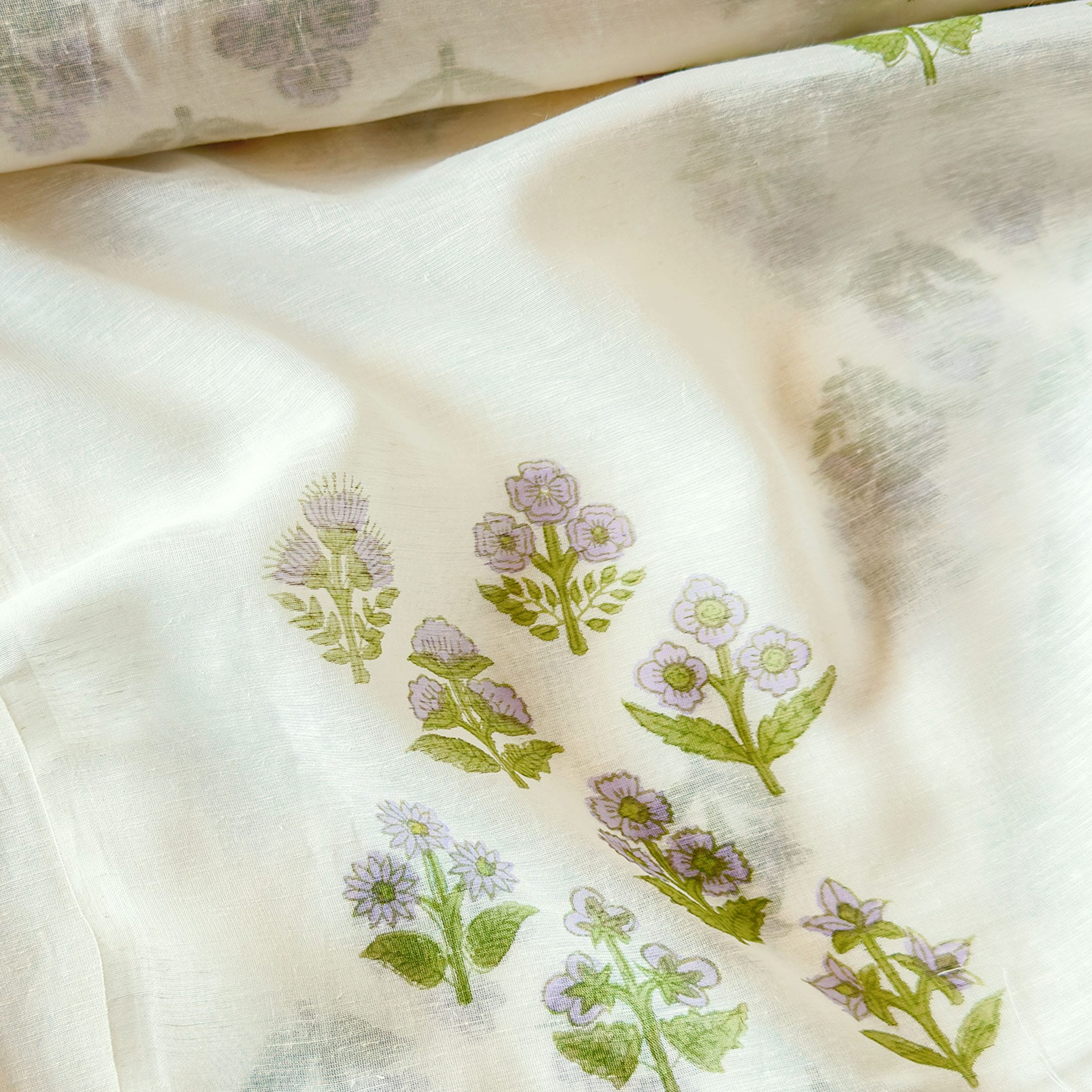 Hand Block Printed Linen Fabric Fabric Off-White & Lilac Linen Fabric