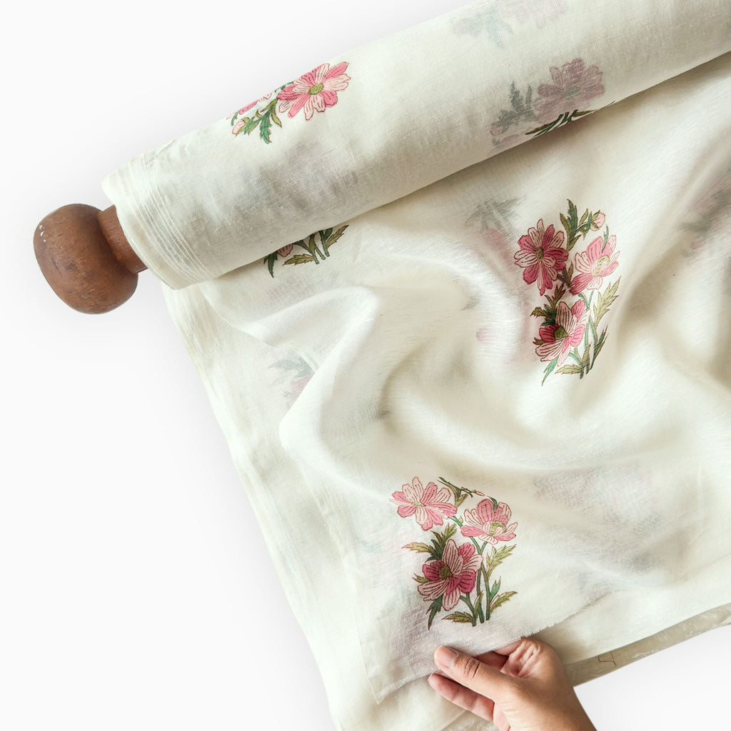 Hand Block Printed Linen Fabric Fabric Off-White & Pink Linen Fabric