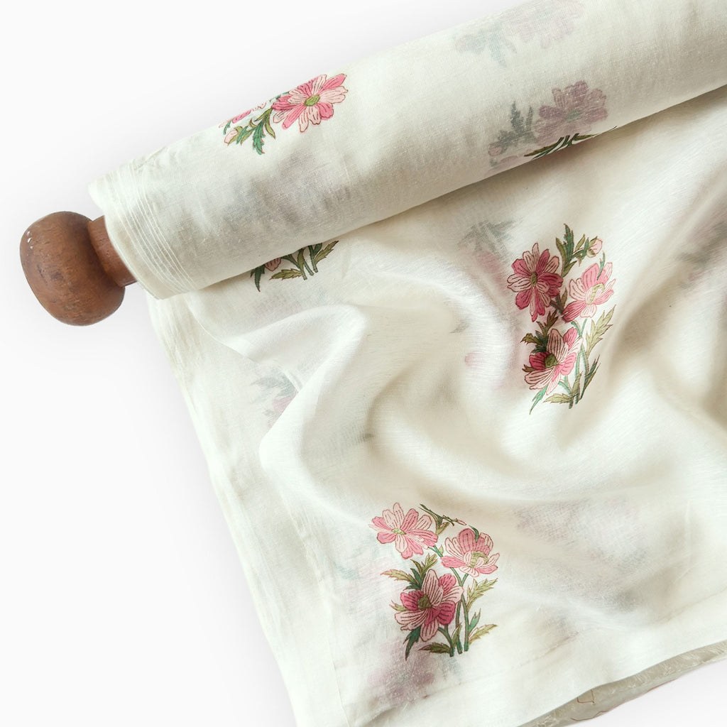 Hand Block Printed Linen Fabric Fabric Off-White & Pink Linen Fabric