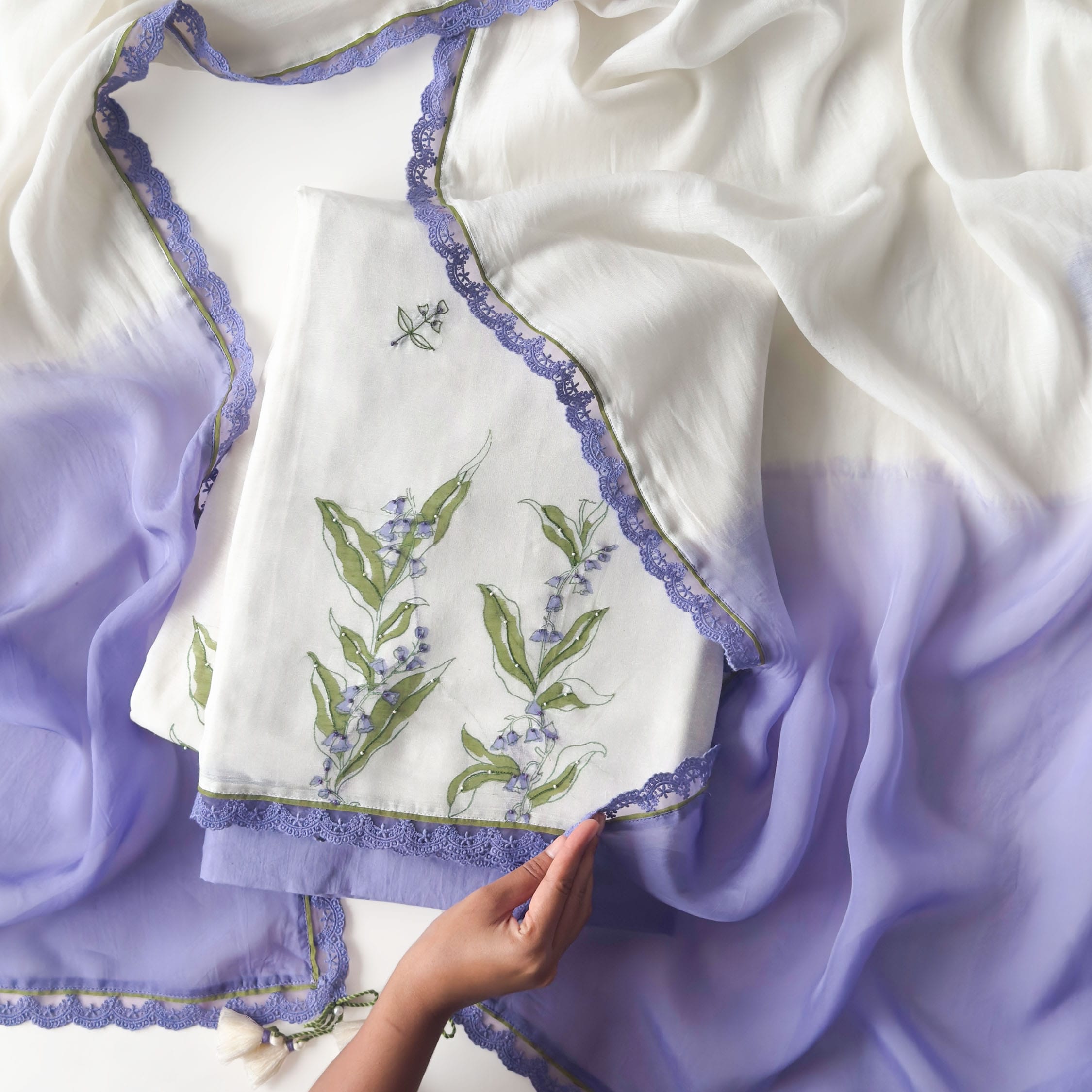 Hand Block Printed Linen Suit Set Unstitched Suit Pure White & Lilac Linen Suit Set