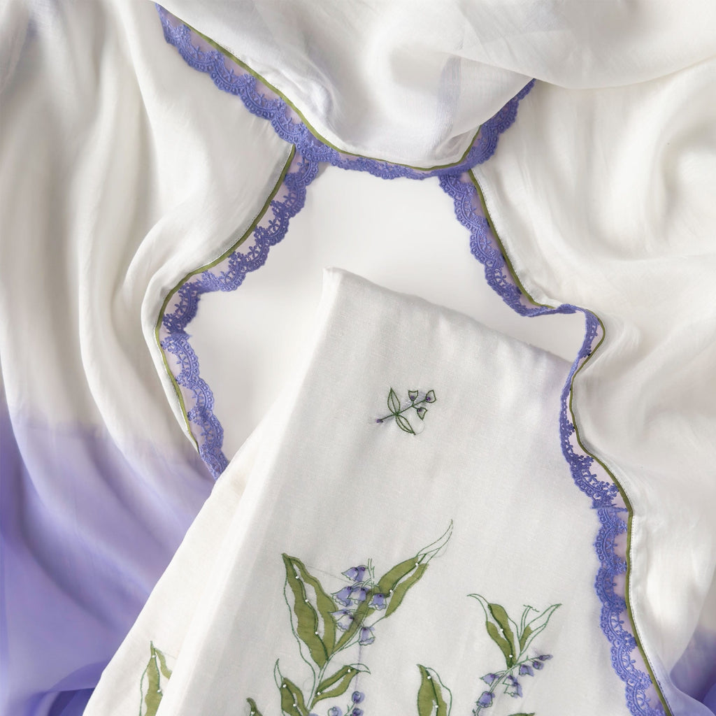 Hand Block Printed Linen Suit Set Unstitched Suit Pure White & Lilac Linen Suit Set