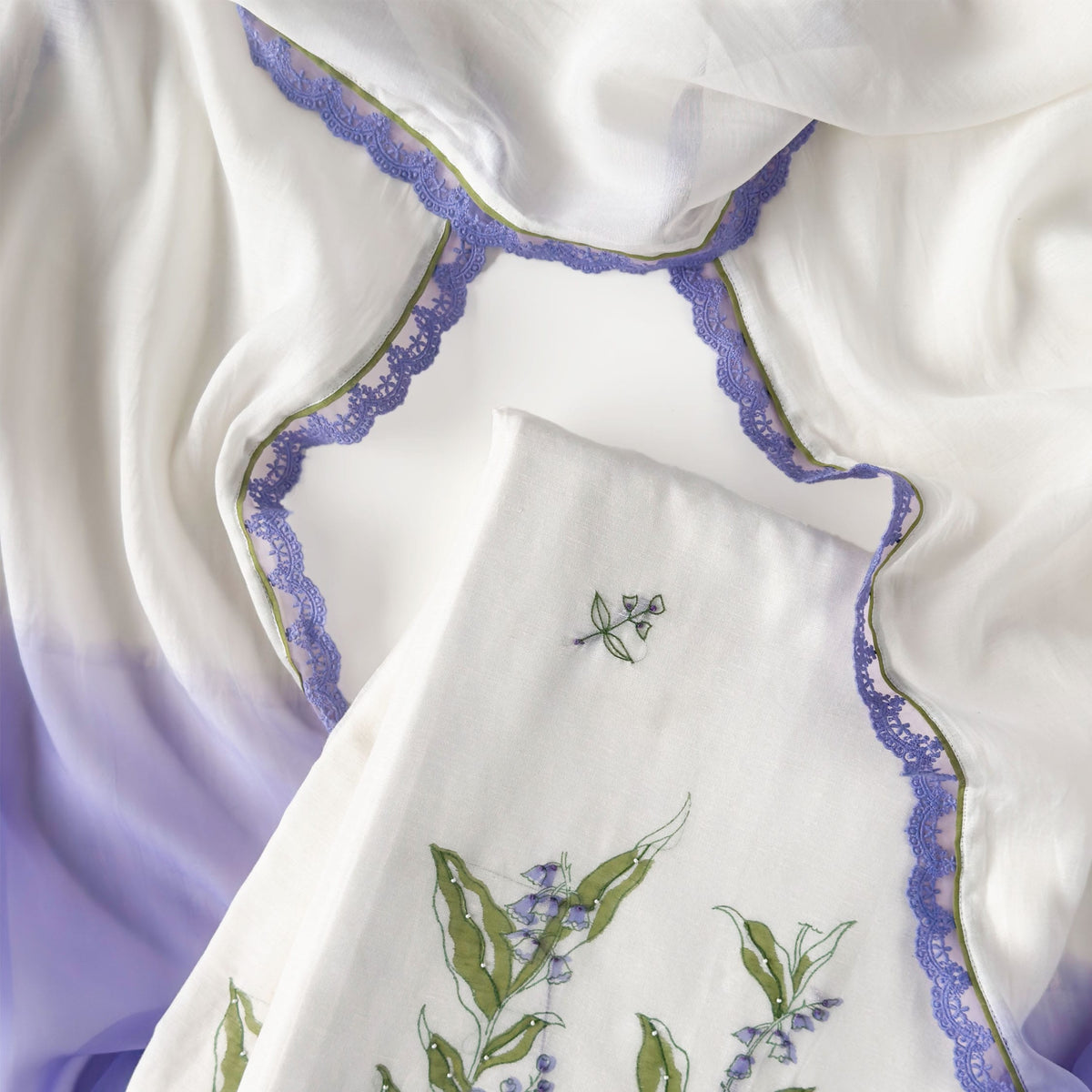 Hand Block Printed Linen Suit Set Unstitched Suit Pure White & Lilac Linen Suit Set
