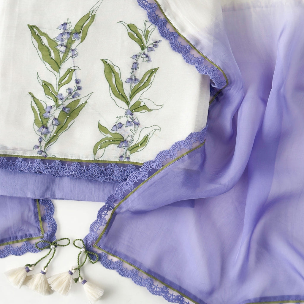 Hand Block Printed Linen Suit Set Unstitched Suit Pure White & Lilac Linen Suit Set