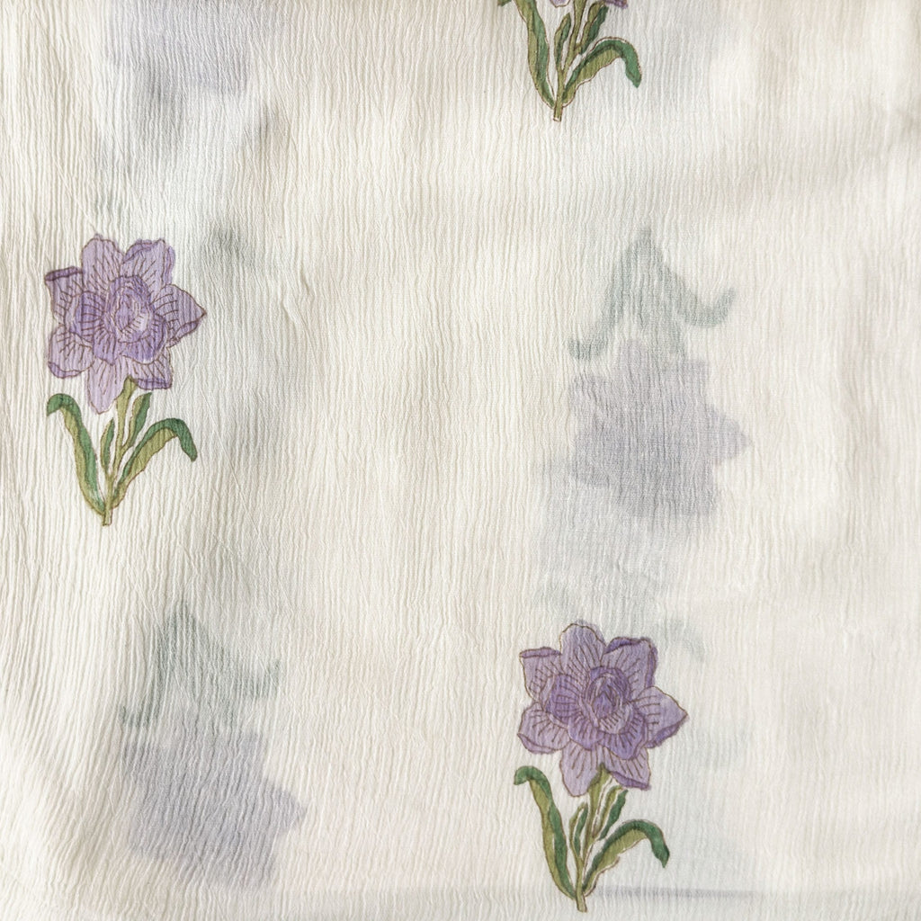 Hand Block Printed Mul Chanderi Crush Fabric Fabric Off-White & Lilac Mul Chanderi Crush Fabric