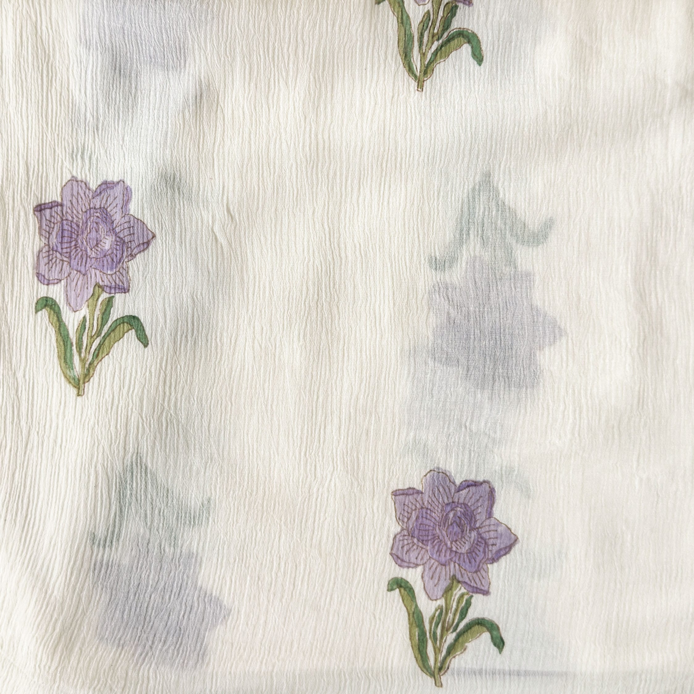Hand Block Printed Mul Chanderi Crush Fabric Fabric Off-White & Lilac Mul Chanderi Crush Fabric