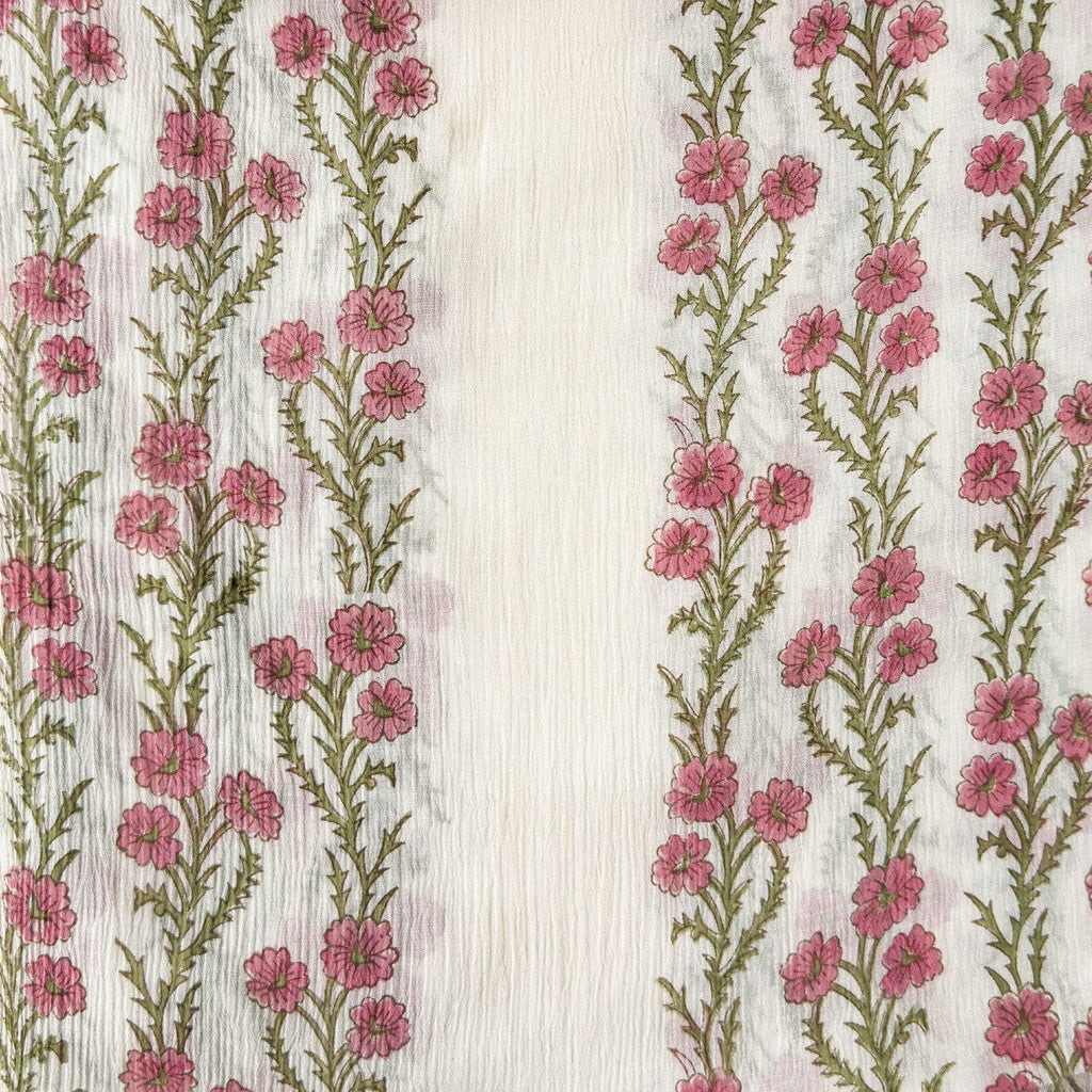 Hand Block Printed Mul Chanderi Crush Fabric Fabric Off-White & Soft Pink Mul Chanderi Crush Fabric