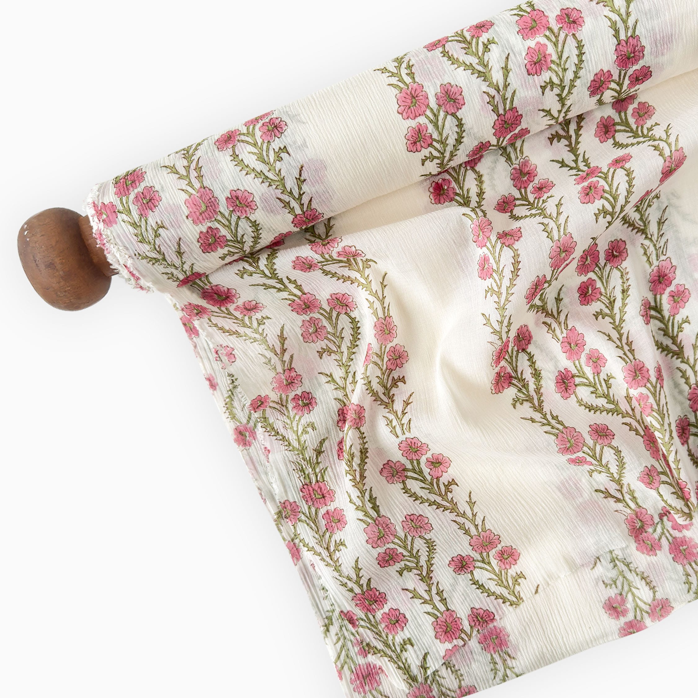 Hand Block Printed Mul Chanderi Crush Fabric Fabric Off-White & Soft Pink Mul Chanderi Crush Fabric