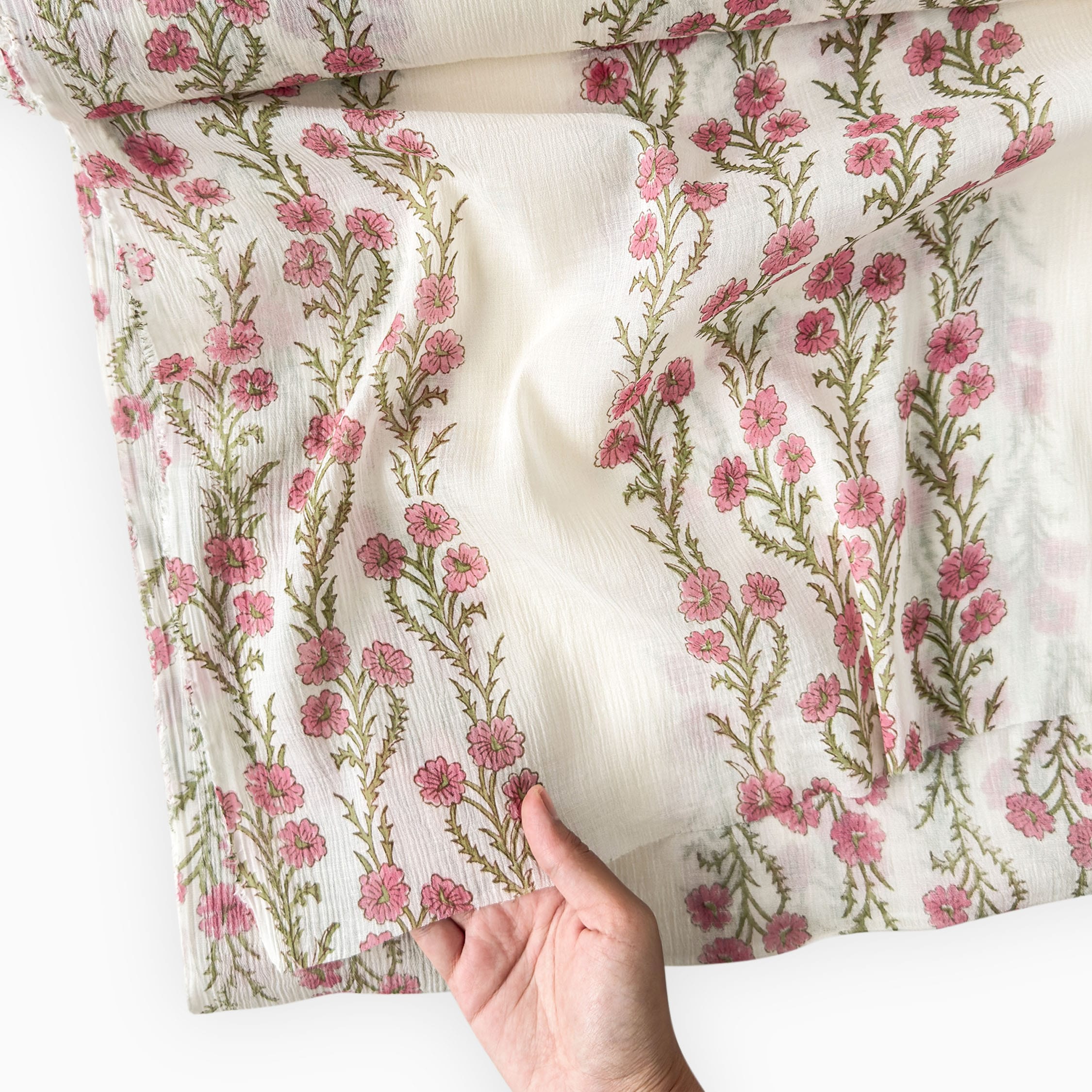 Hand Block Printed Mul Chanderi Crush Fabric Fabric Off-White & Soft Pink Mul Chanderi Crush Fabric