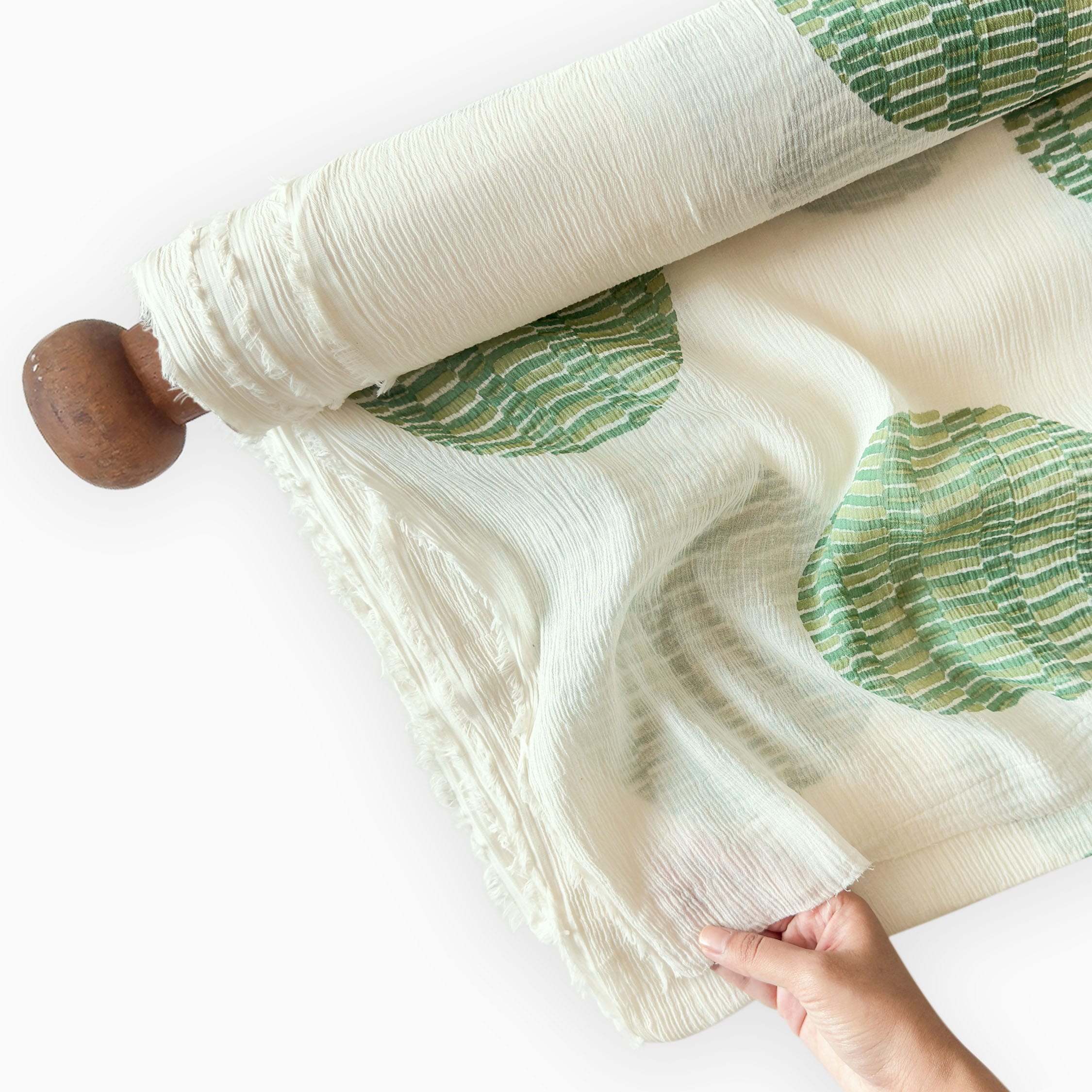 Hand Block Printed Mul Chanderi Fabric Fabric Off-White & Green Mul Chanderi Crush Fabric