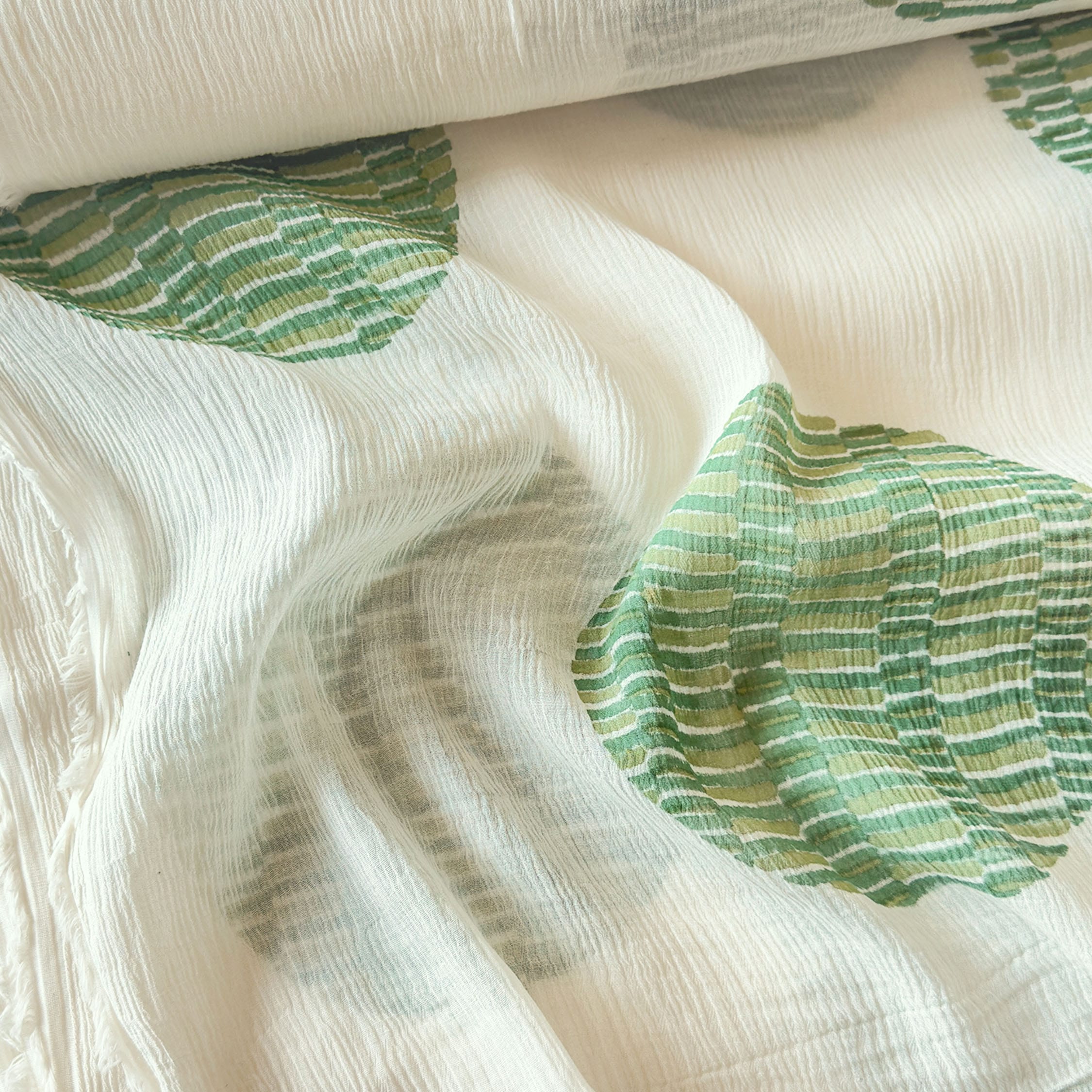 Hand Block Printed Mul Chanderi Fabric Fabric Off-White & Green Mul Chanderi Crush Fabric