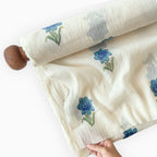 Hand Block Printed Mul Chanderi Fabric Fabric Off-White & Indigo Mul Chanderi Crush Fabric