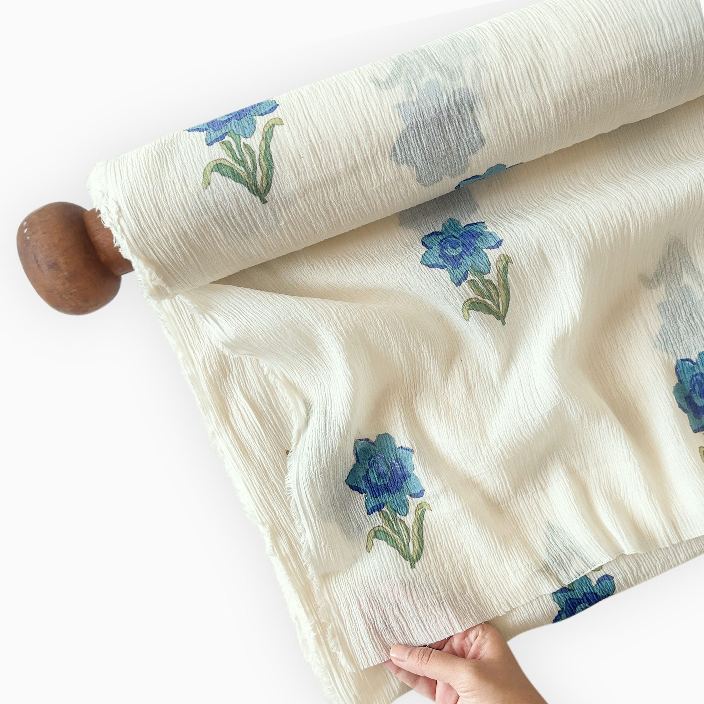 Hand Block Printed Mul Chanderi Fabric Fabric Off-White & Indigo Mul Chanderi Crush Fabric