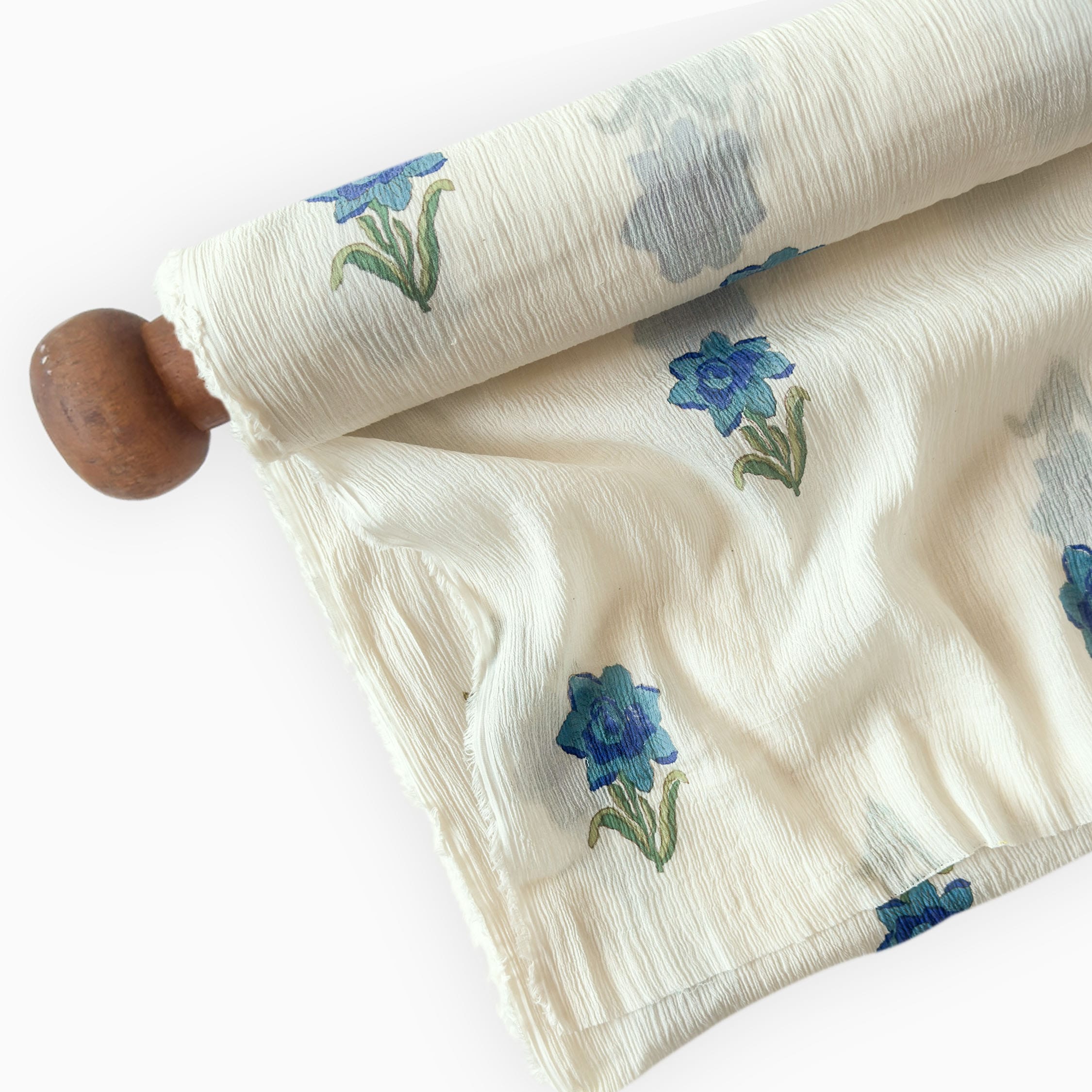 Hand Block Printed Mul Chanderi Fabric Fabric Off-White & Indigo Mul Chanderi Crush Fabric