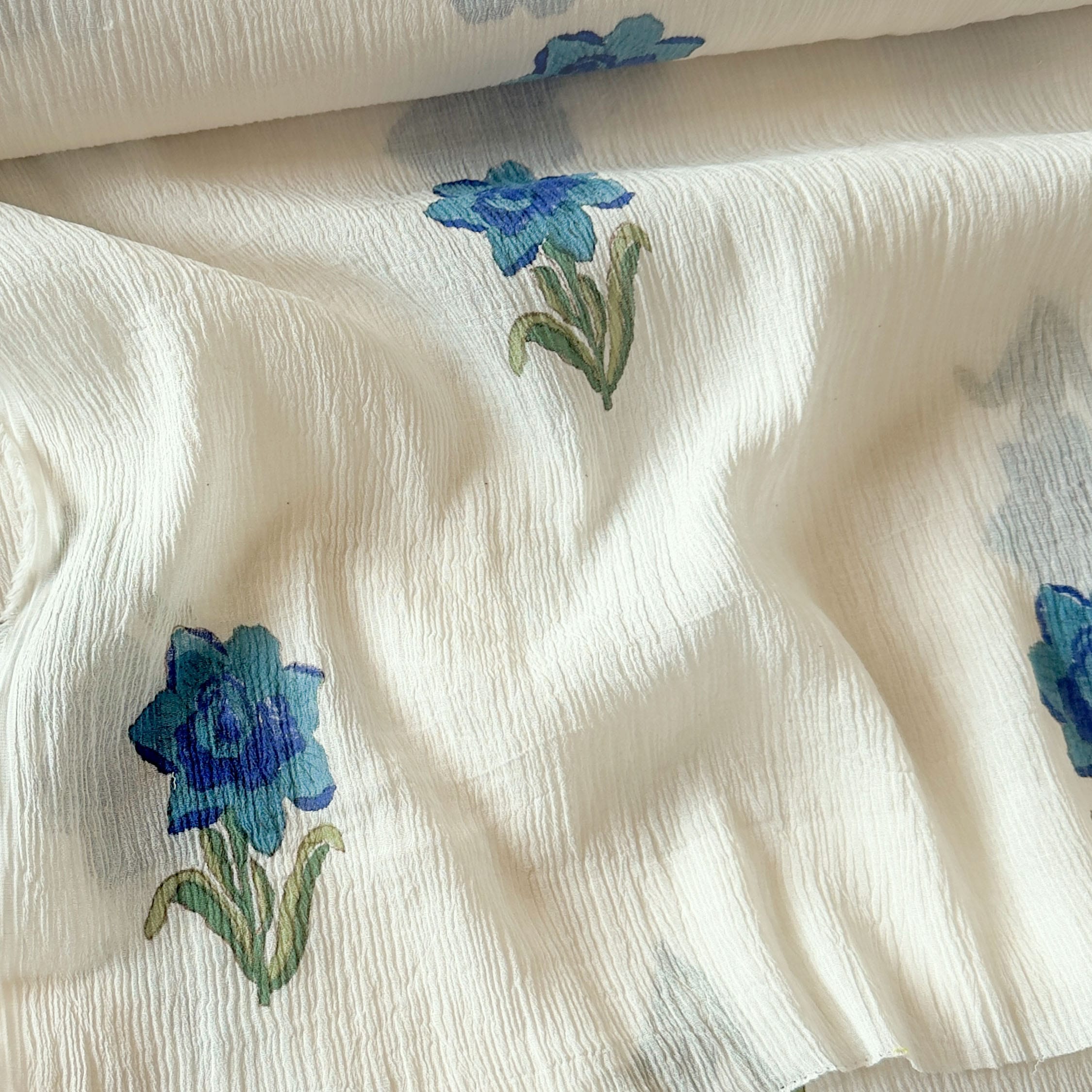 Hand Block Printed Mul Chanderi Fabric Fabric Off-White & Indigo Mul Chanderi Crush Fabric