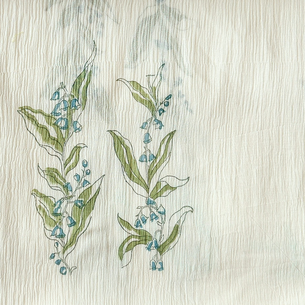 Hand Block Printed Mul Chanderi Fabric Fabric Off-White & Light Green Mul Chanderi Crush Fabric