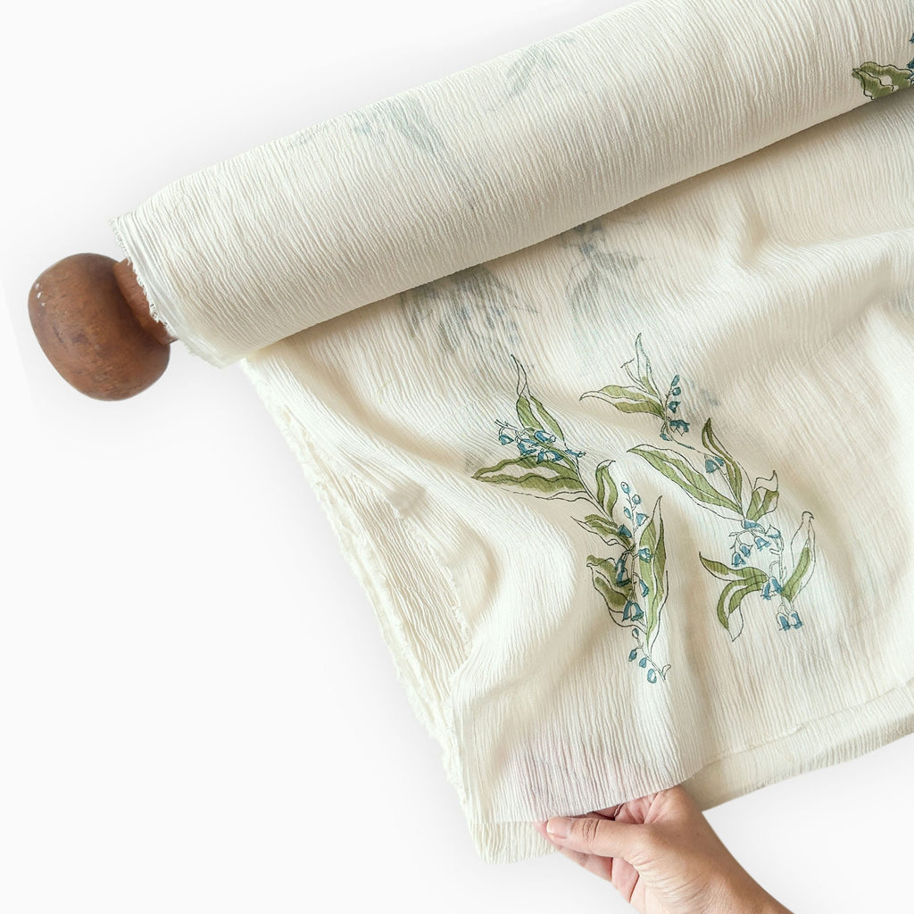 Hand Block Printed Mul Chanderi Fabric Fabric Off-White & Light Green Mul Chanderi Crush Fabric