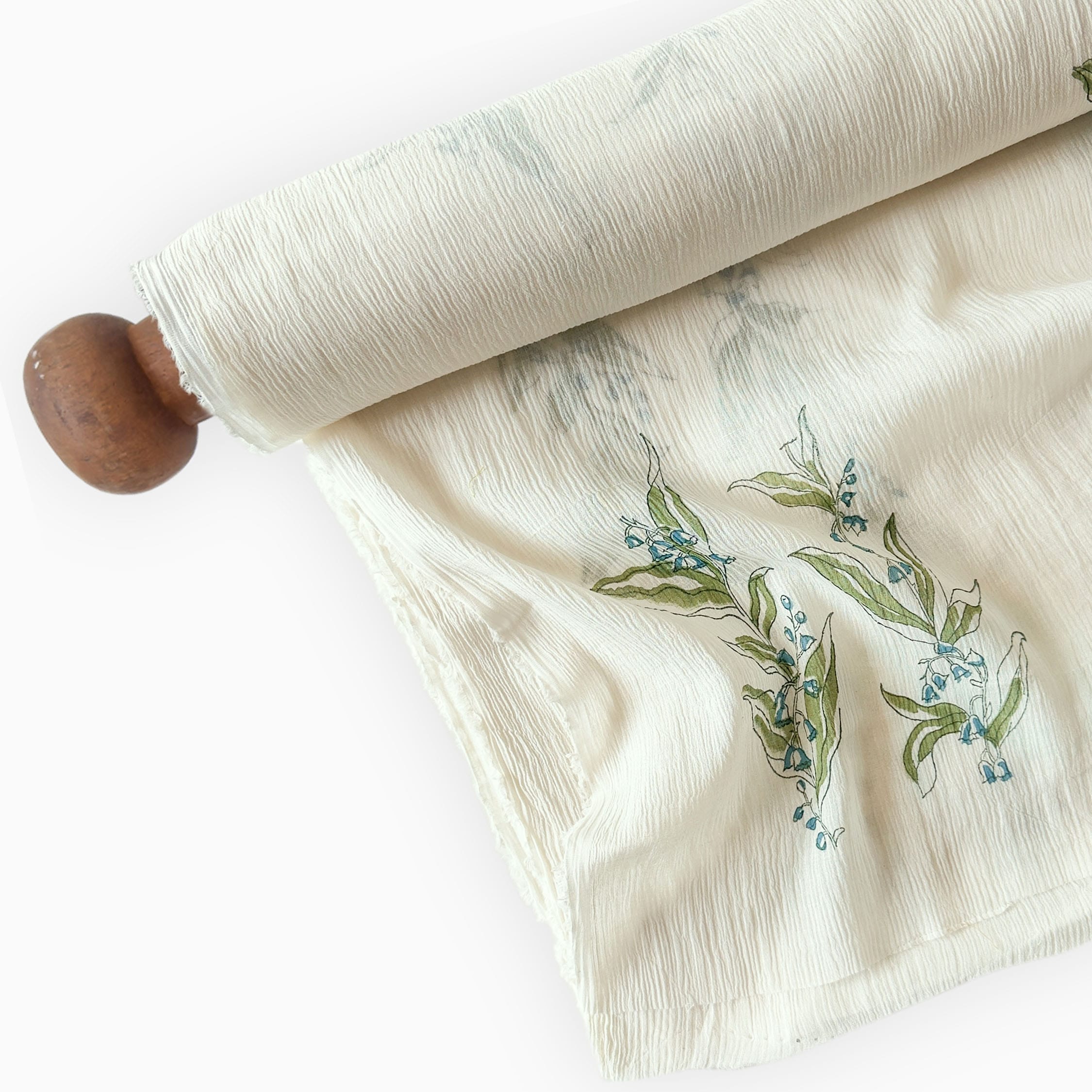 Hand Block Printed Mul Chanderi Fabric Fabric Off-White & Light Green Mul Chanderi Crush Fabric