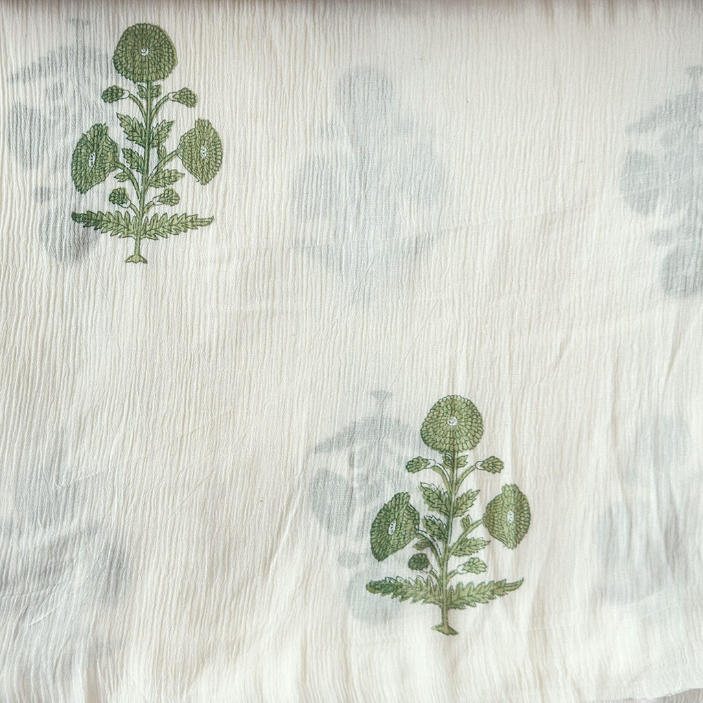 Hand Block Printed Mul Chanderi Fabric Fabric Off-White & Moss Green Mul Chanderi Crush Fabric