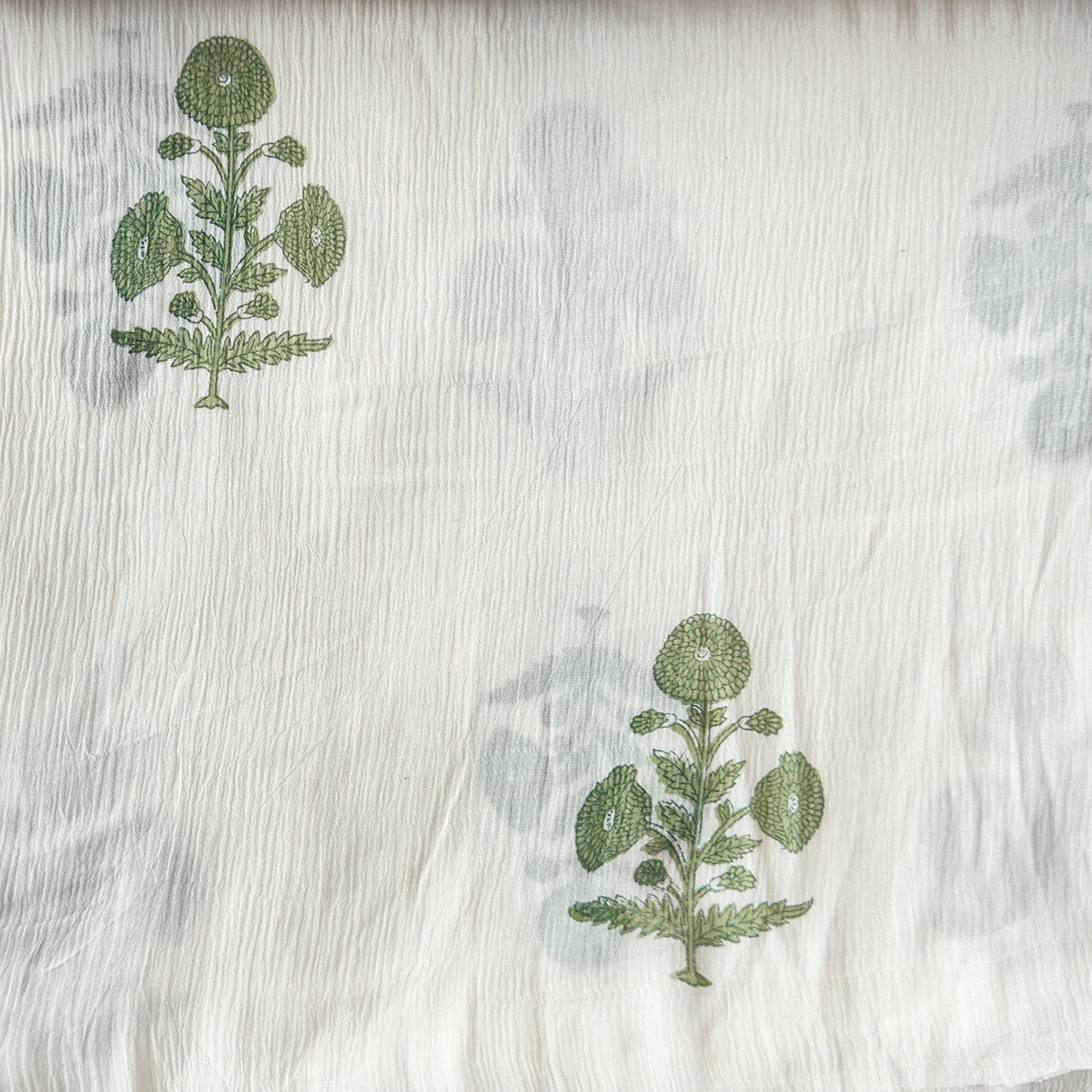 Hand Block Printed Mul Chanderi Fabric Fabric Off-White & Moss Green Mul Chanderi Crush Fabric