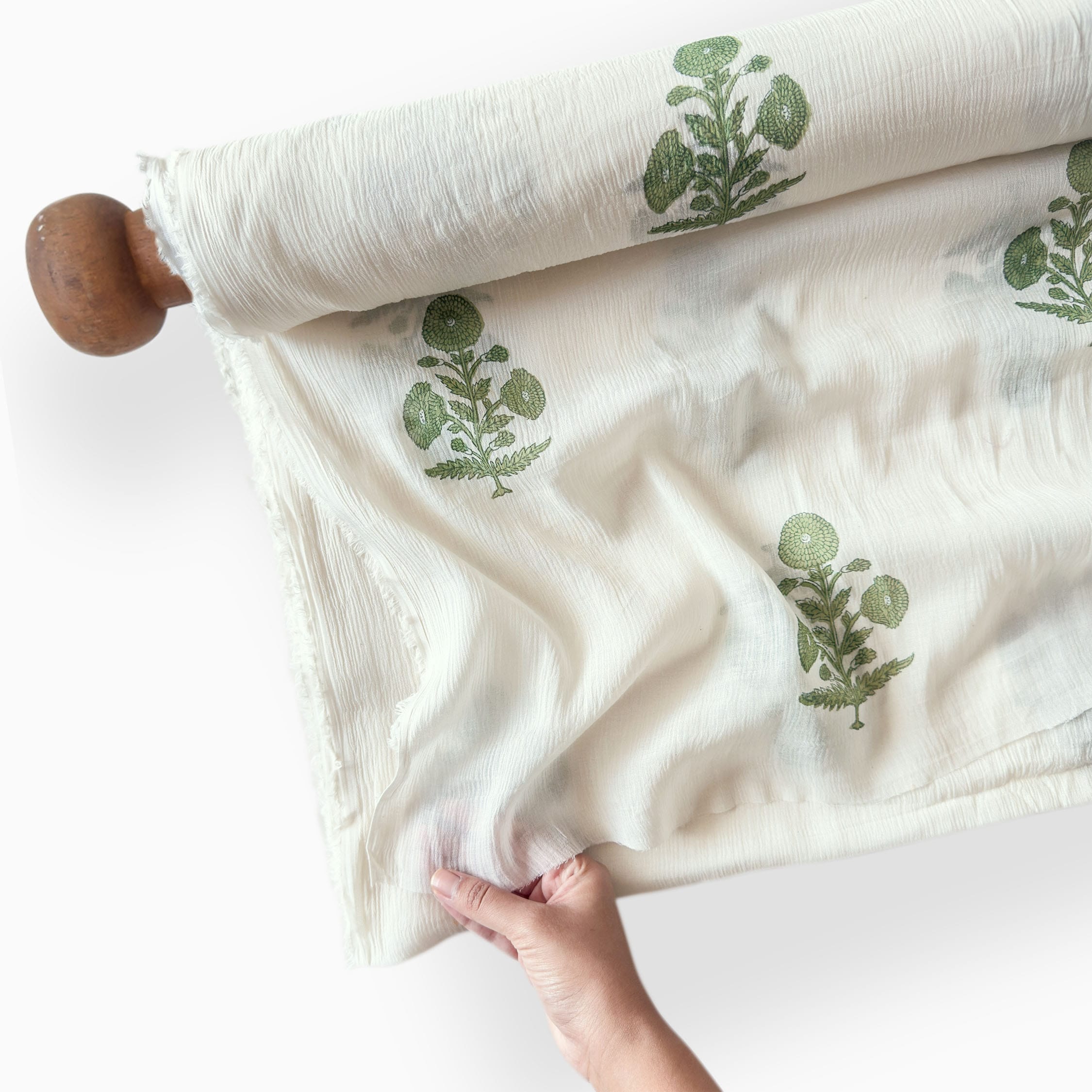 Hand Block Printed Mul Chanderi Fabric Fabric Off-White & Moss Green Mul Chanderi Crush Fabric