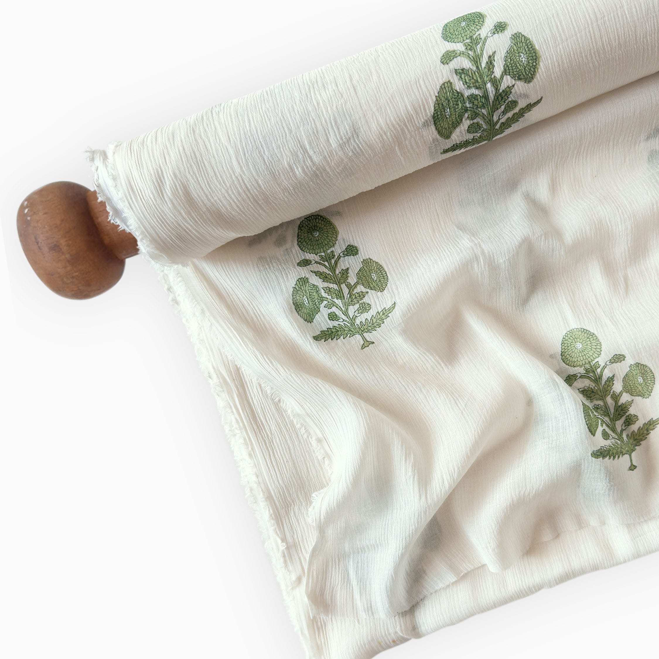 Hand Block Printed Mul Chanderi Fabric Fabric Off-White & Moss Green Mul Chanderi Crush Fabric