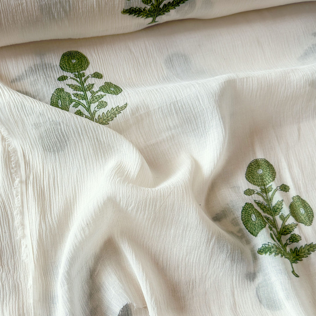 Hand Block Printed Mul Chanderi Fabric Fabric Off-White & Moss Green Mul Chanderi Crush Fabric