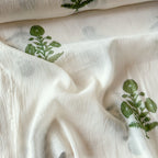 Hand Block Printed Mul Chanderi Fabric Fabric Off-White & Moss Green Mul Chanderi Crush Fabric