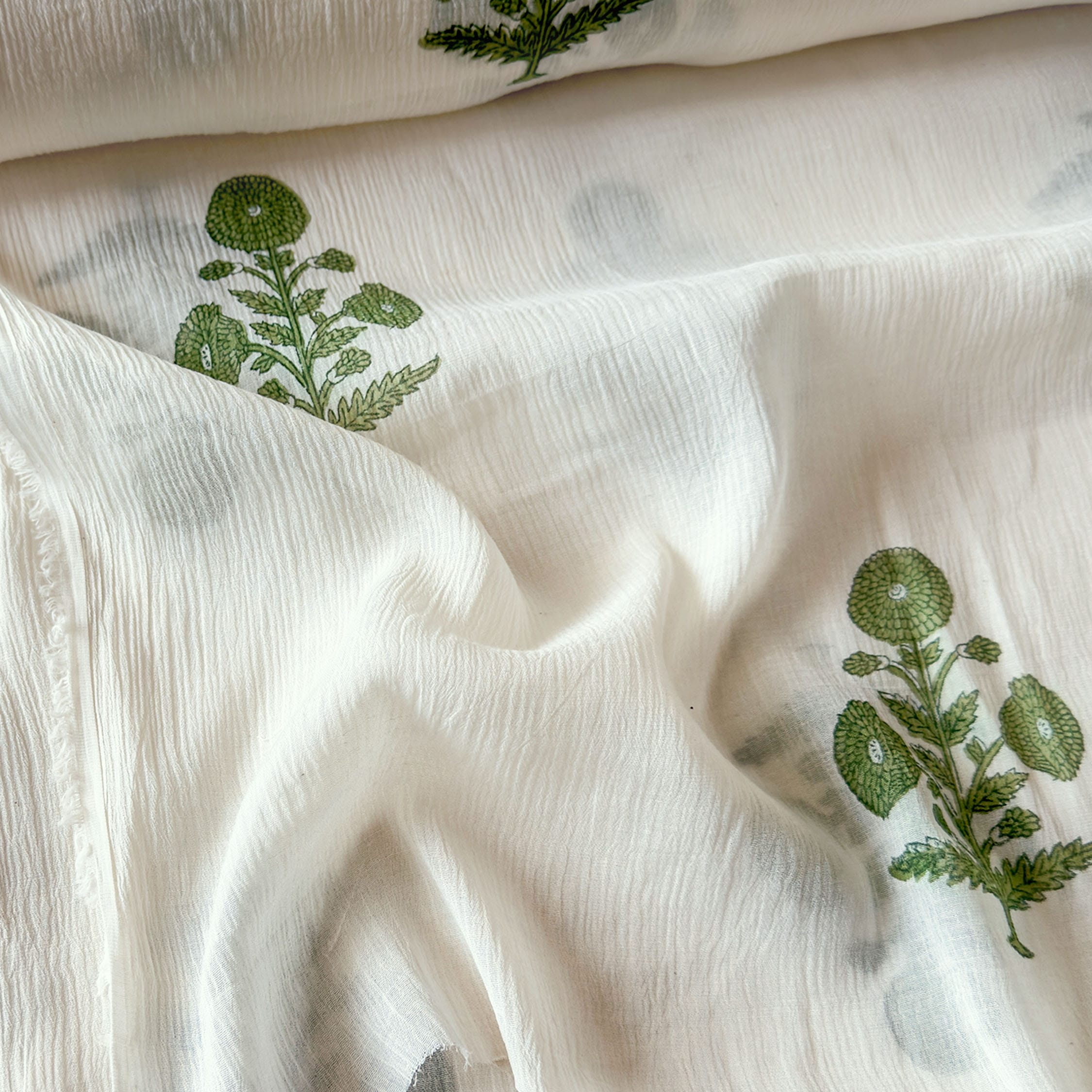 Hand Block Printed Mul Chanderi Fabric Fabric Off-White & Moss Green Mul Chanderi Crush Fabric