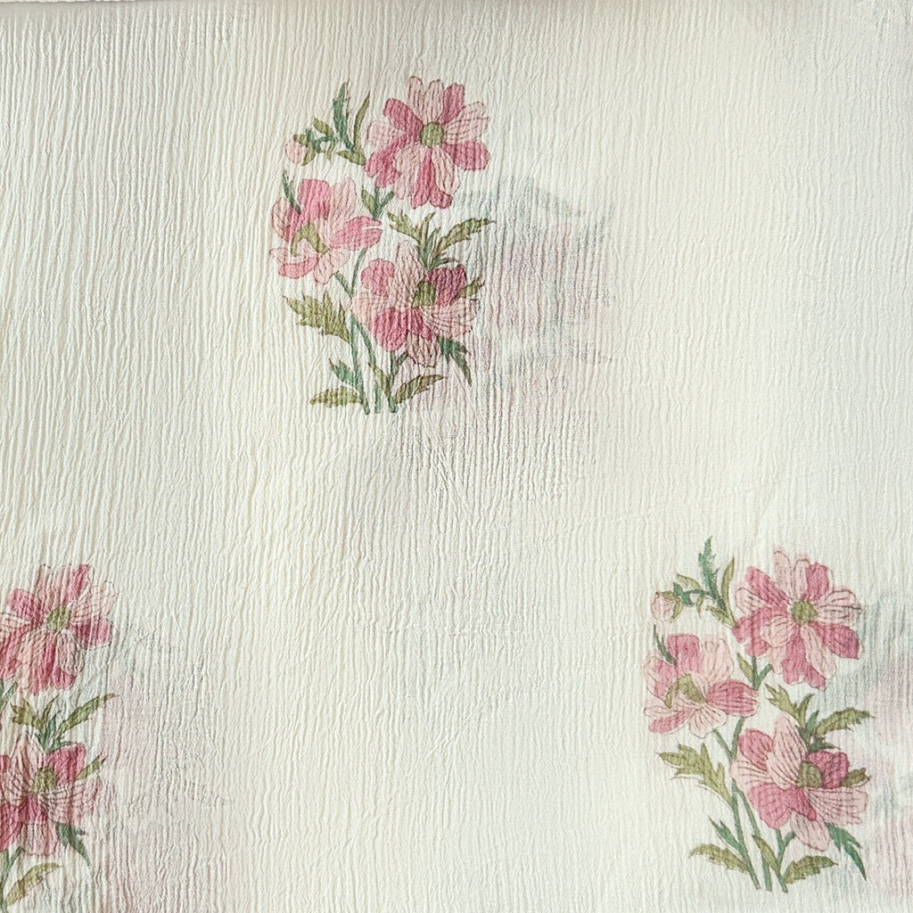 Hand Block Printed Mul Chanderi Fabric Fabric Off-White & Pink Mul Chanderi Crush Fabric