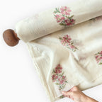 Hand Block Printed Mul Chanderi Fabric Fabric Off-White & Pink Mul Chanderi Crush Fabric