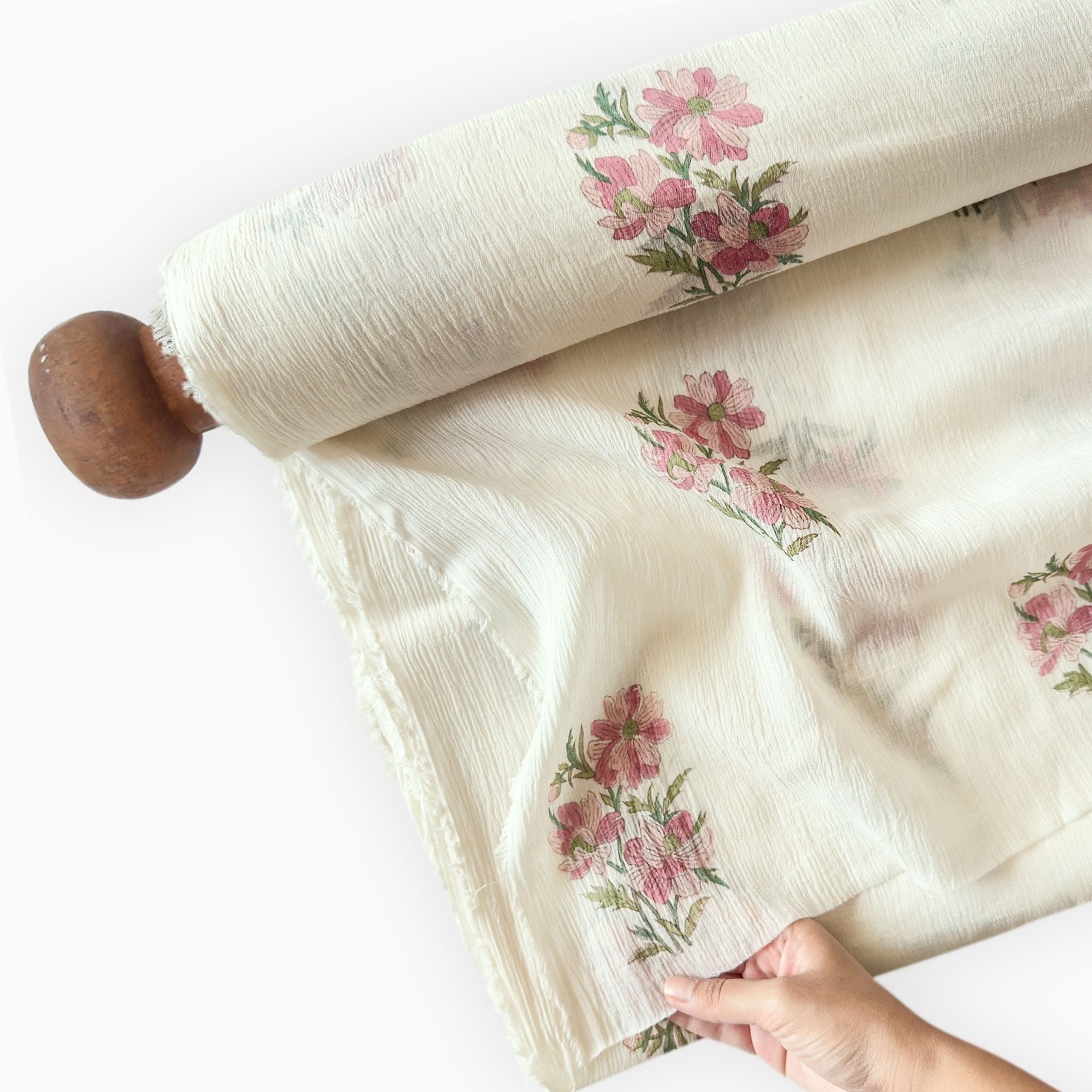 Hand Block Printed Mul Chanderi Fabric Fabric Off-White & Pink Mul Chanderi Crush Fabric
