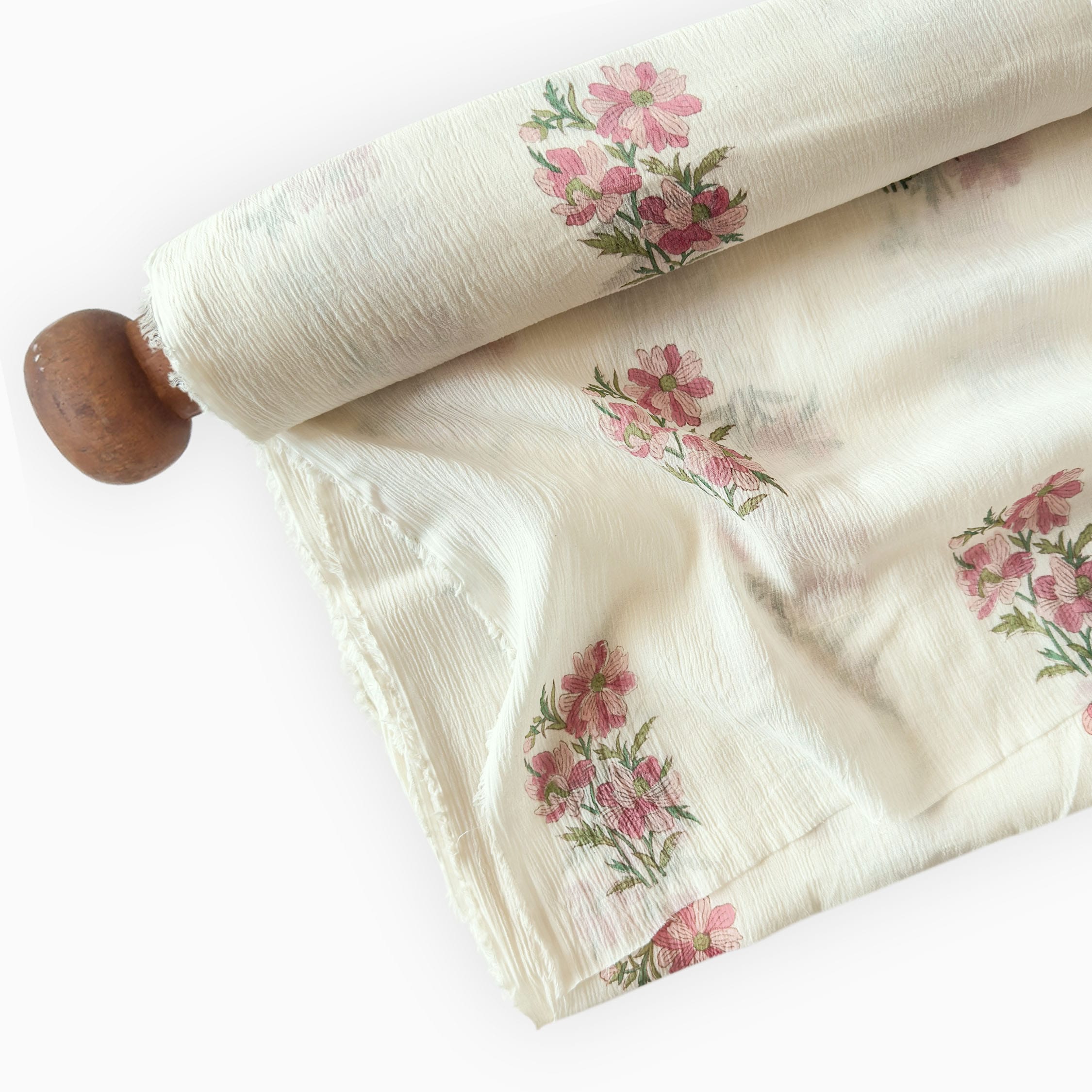 Hand Block Printed Mul Chanderi Fabric Fabric Off-White & Pink Mul Chanderi Crush Fabric