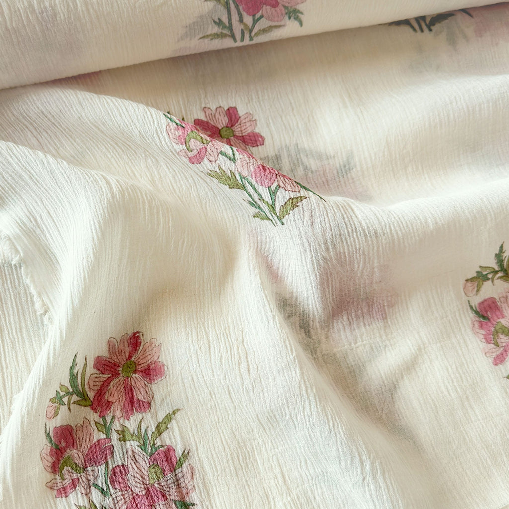 Hand Block Printed Mul Chanderi Fabric Fabric Off-White & Pink Mul Chanderi Crush Fabric