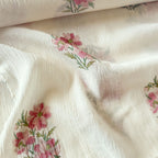 Hand Block Printed Mul Chanderi Fabric Fabric Off-White & Pink Mul Chanderi Crush Fabric