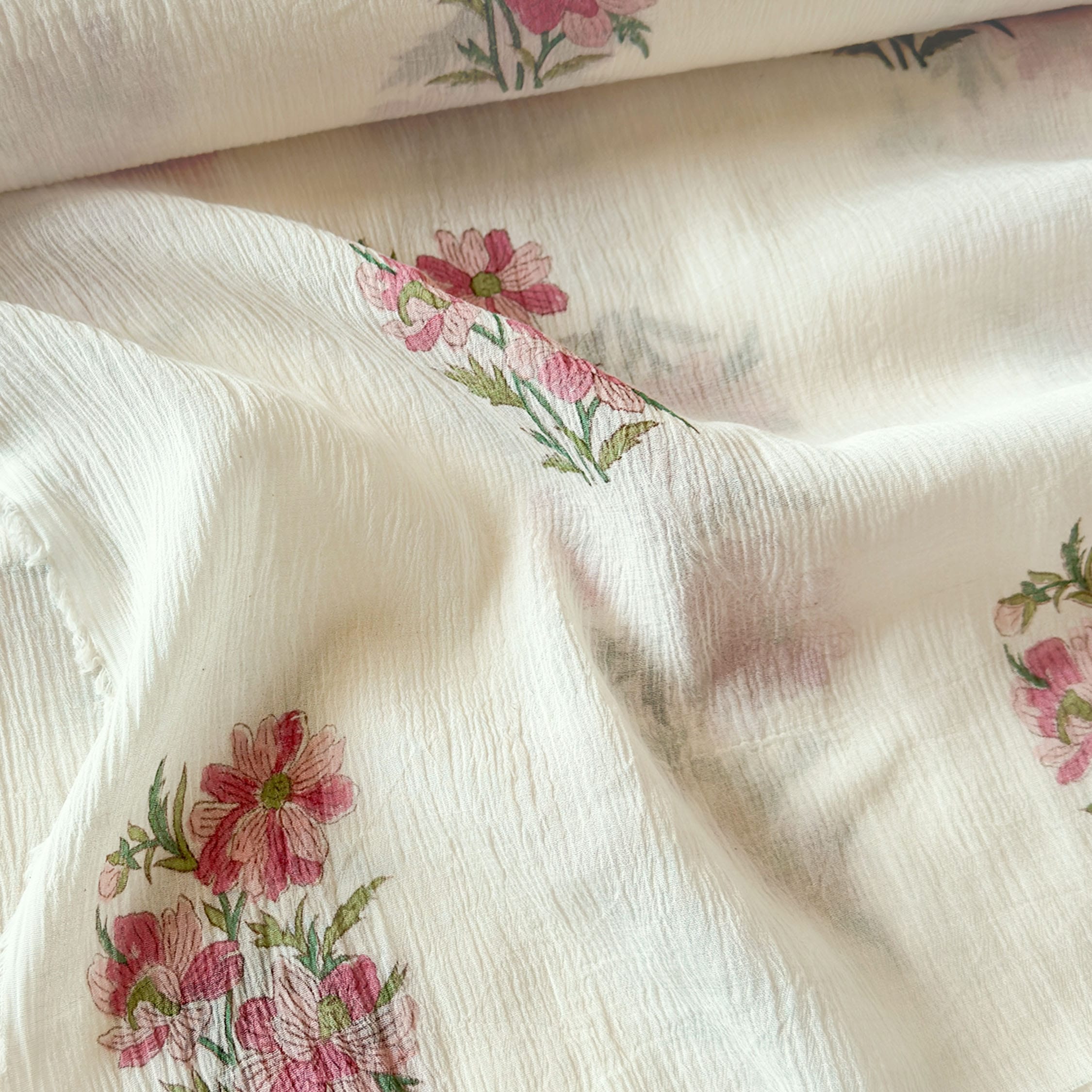 Hand Block Printed Mul Chanderi Fabric Fabric Off-White & Pink Mul Chanderi Crush Fabric