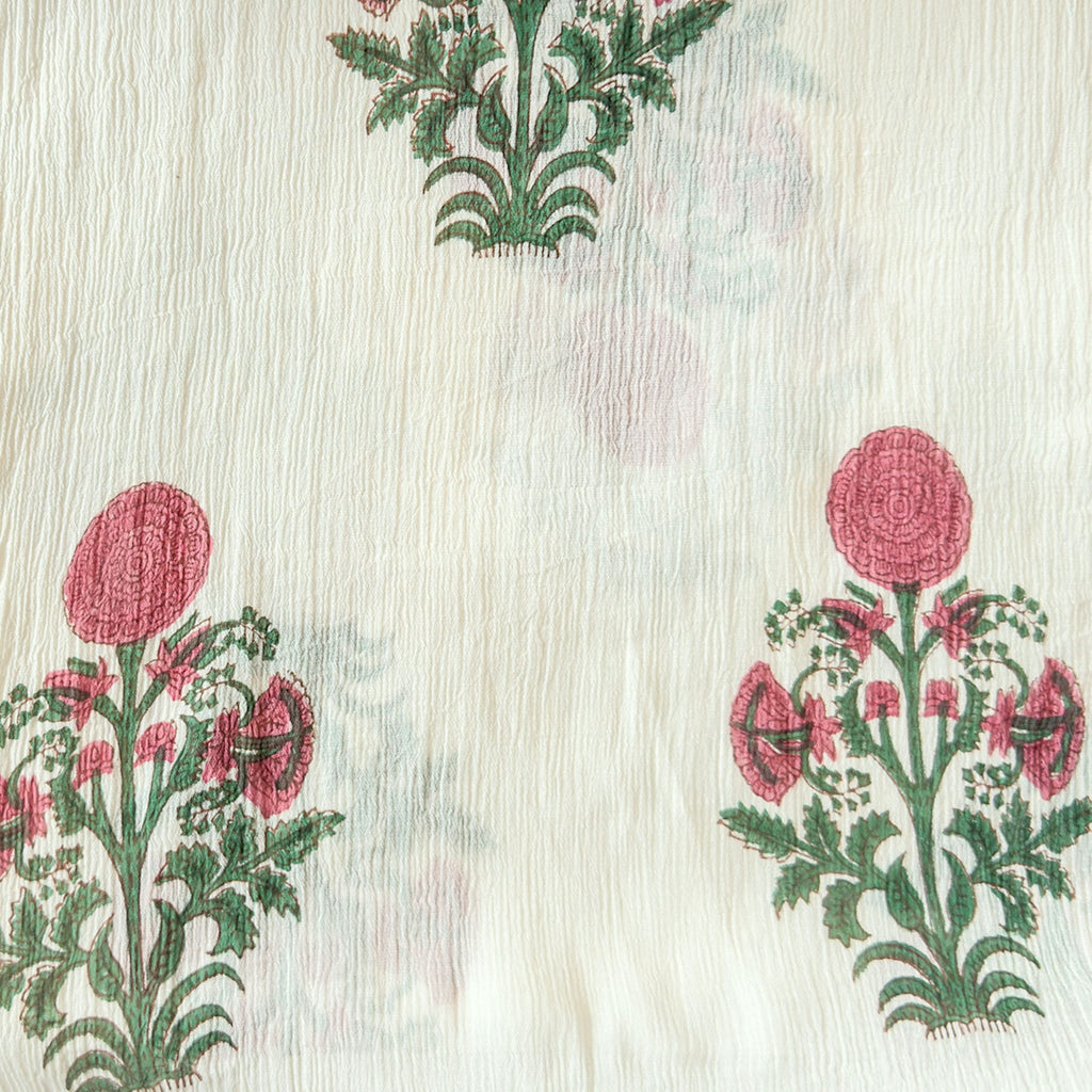 Hand Block Printed Mul Chanderi Fabric Fabric Off-White & Rani Mul Chanderi Crush Fabric