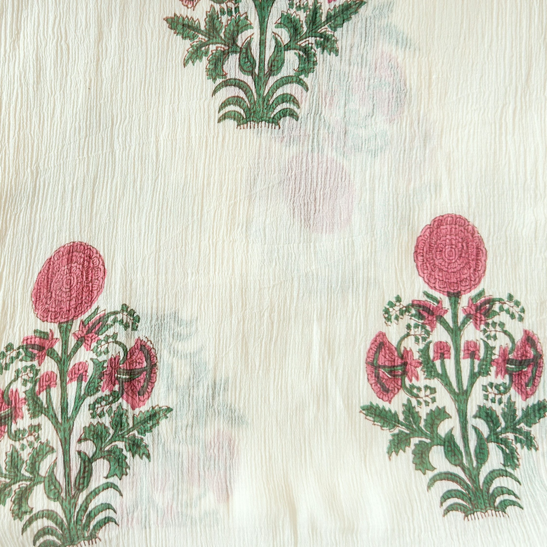 Hand Block Printed Mul Chanderi Fabric Fabric Off-White & Rani Mul Chanderi Crush Fabric