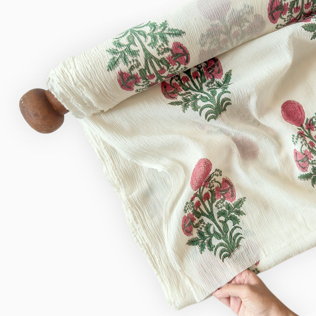 Hand Block Printed Mul Chanderi Fabric Fabric Off-White & Rani Mul Chanderi Crush Fabric