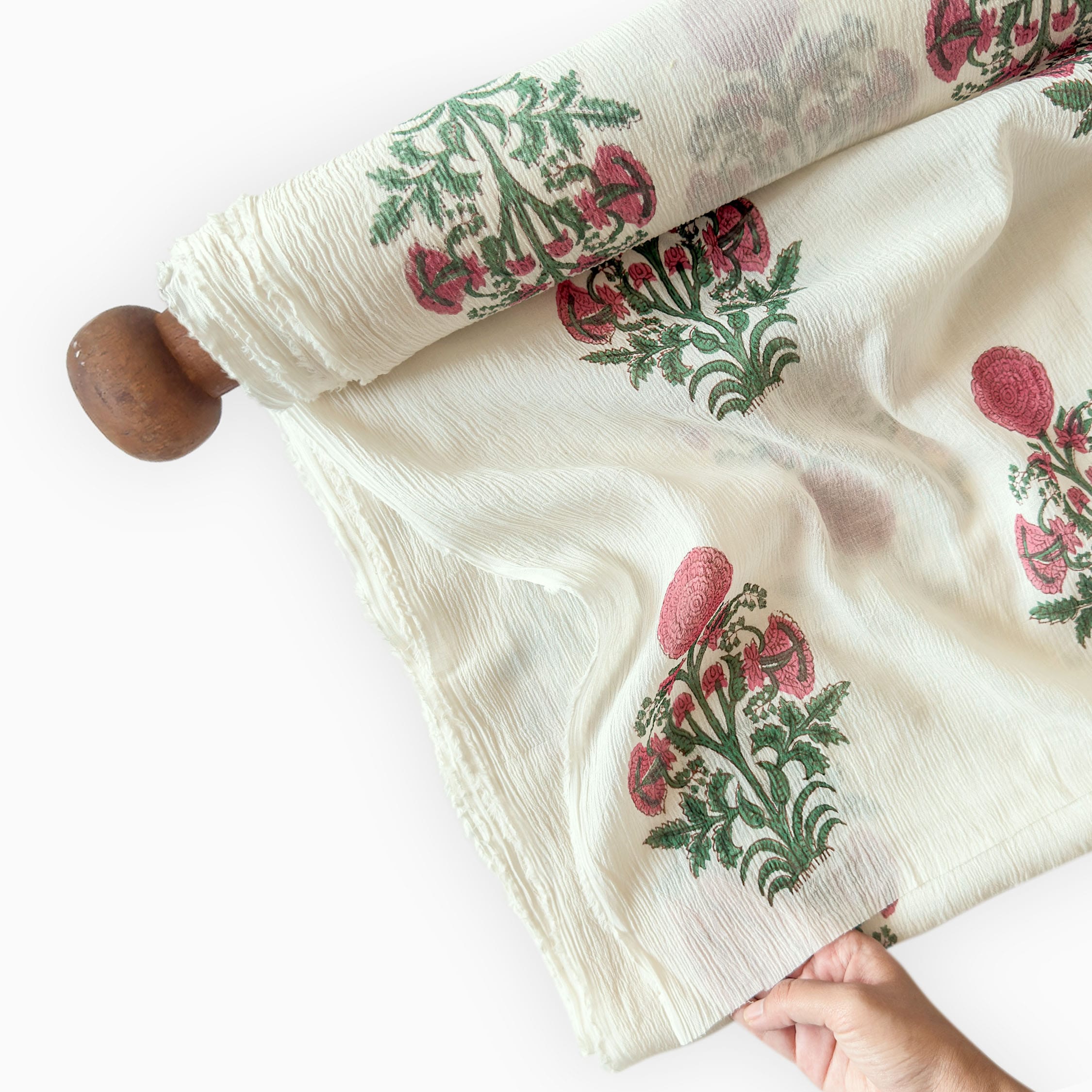 Hand Block Printed Mul Chanderi Fabric Fabric Off-White & Rani Mul Chanderi Crush Fabric