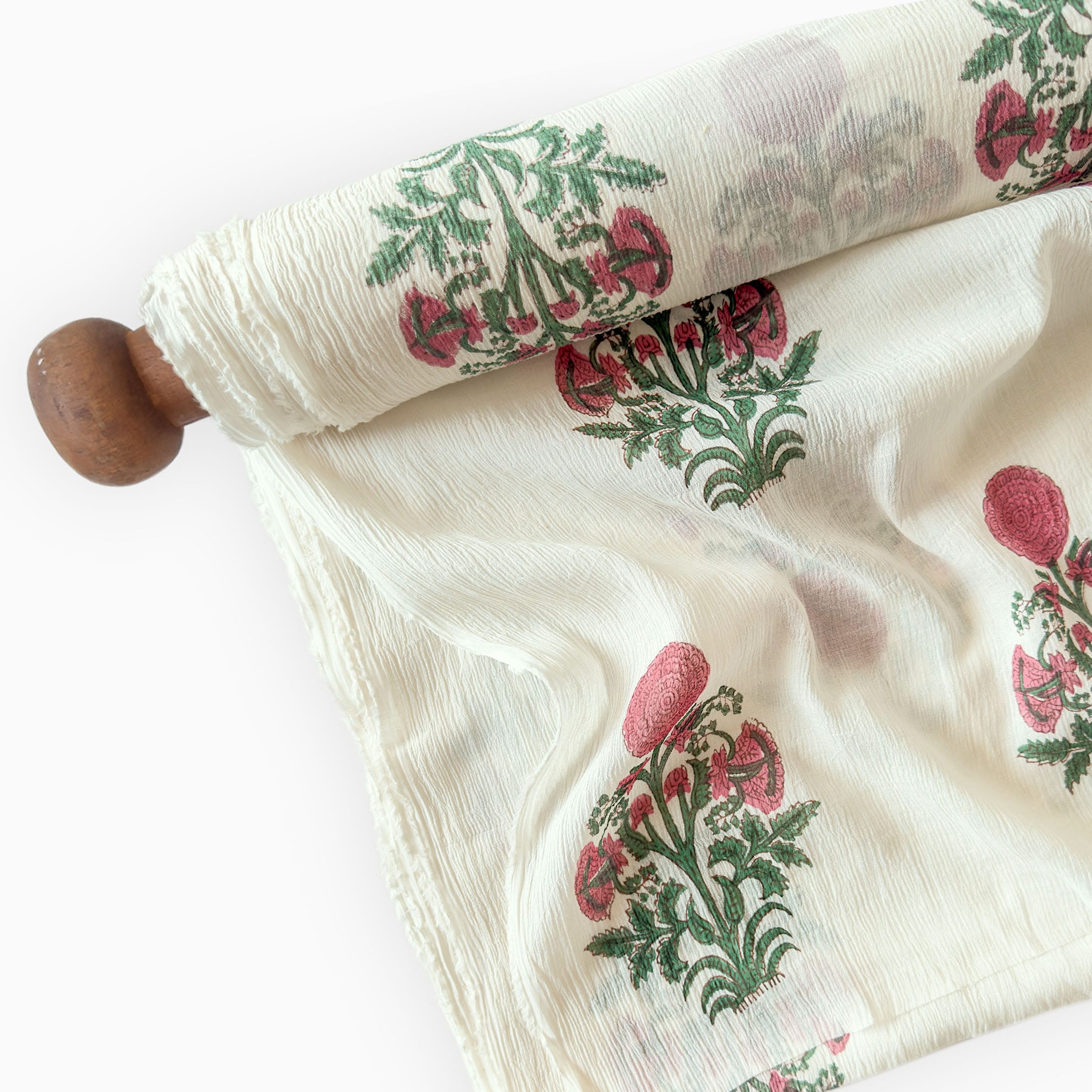 Hand Block Printed Mul Chanderi Fabric Fabric Off-White & Rani Mul Chanderi Crush Fabric