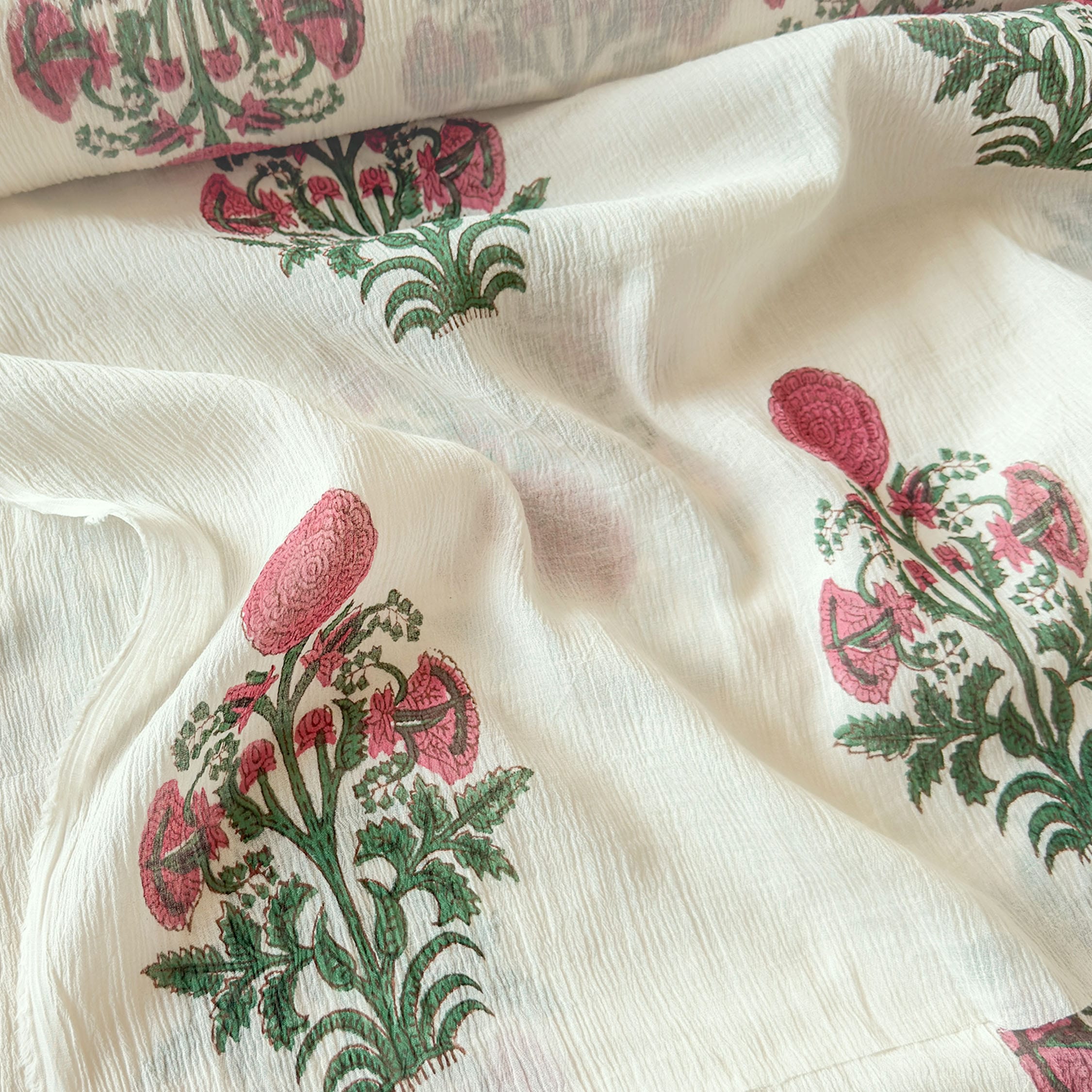 Hand Block Printed Mul Chanderi Fabric Fabric Off-White & Rani Mul Chanderi Crush Fabric