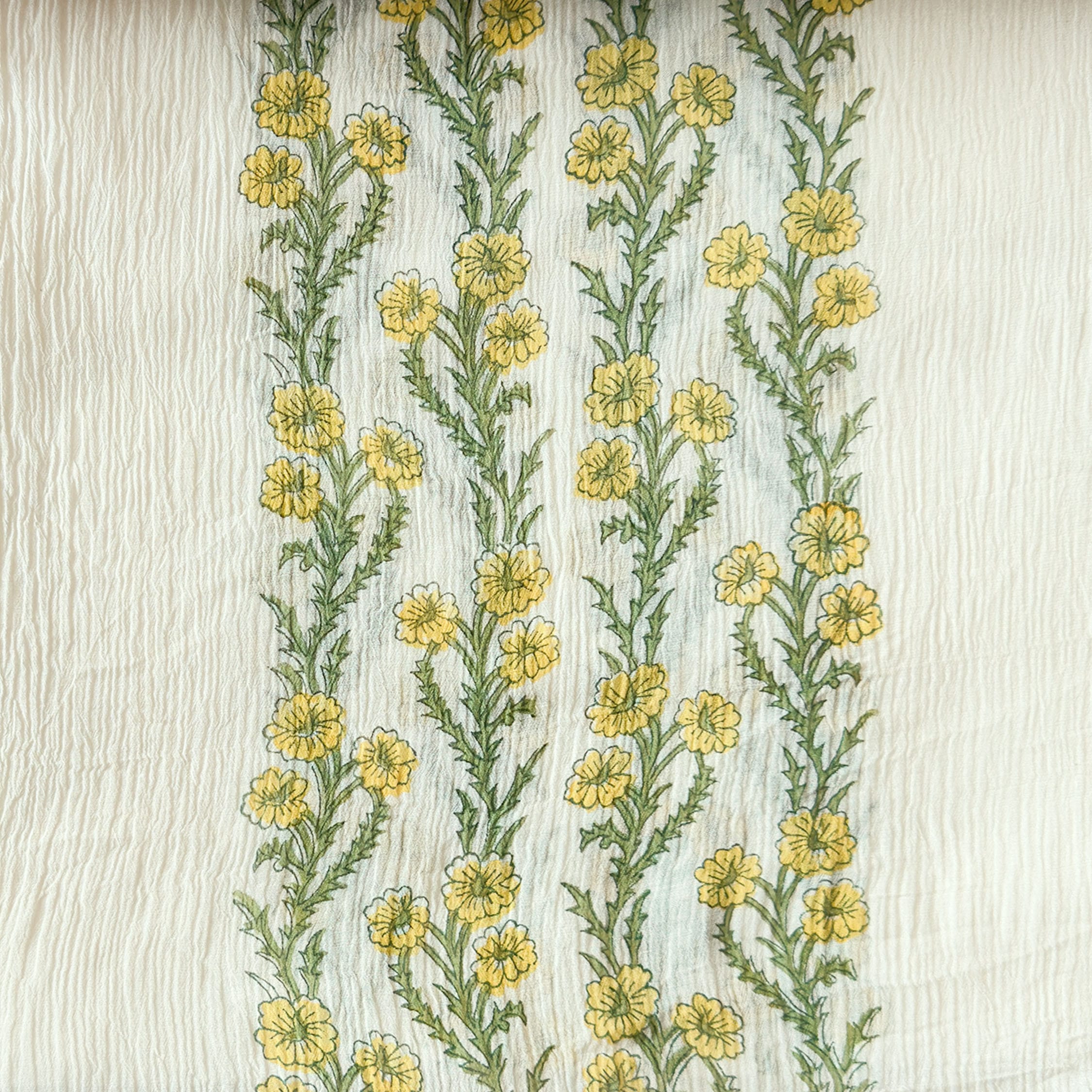 Hand Block Printed Mul Chanderi Fabric Fabric Off-White & Yellow Mul Chanderi Crush Fabric