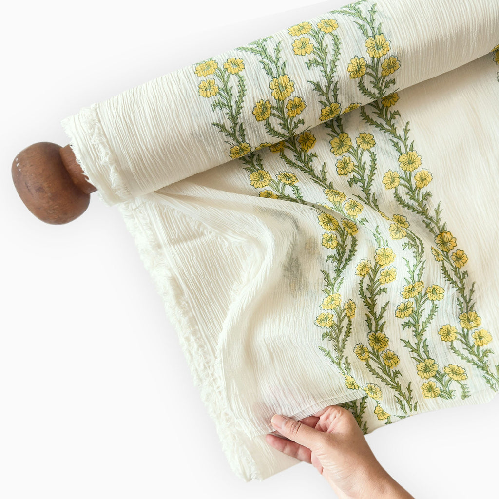Hand Block Printed Mul Chanderi Fabric Fabric Off-White & Yellow Mul Chanderi Crush Fabric
