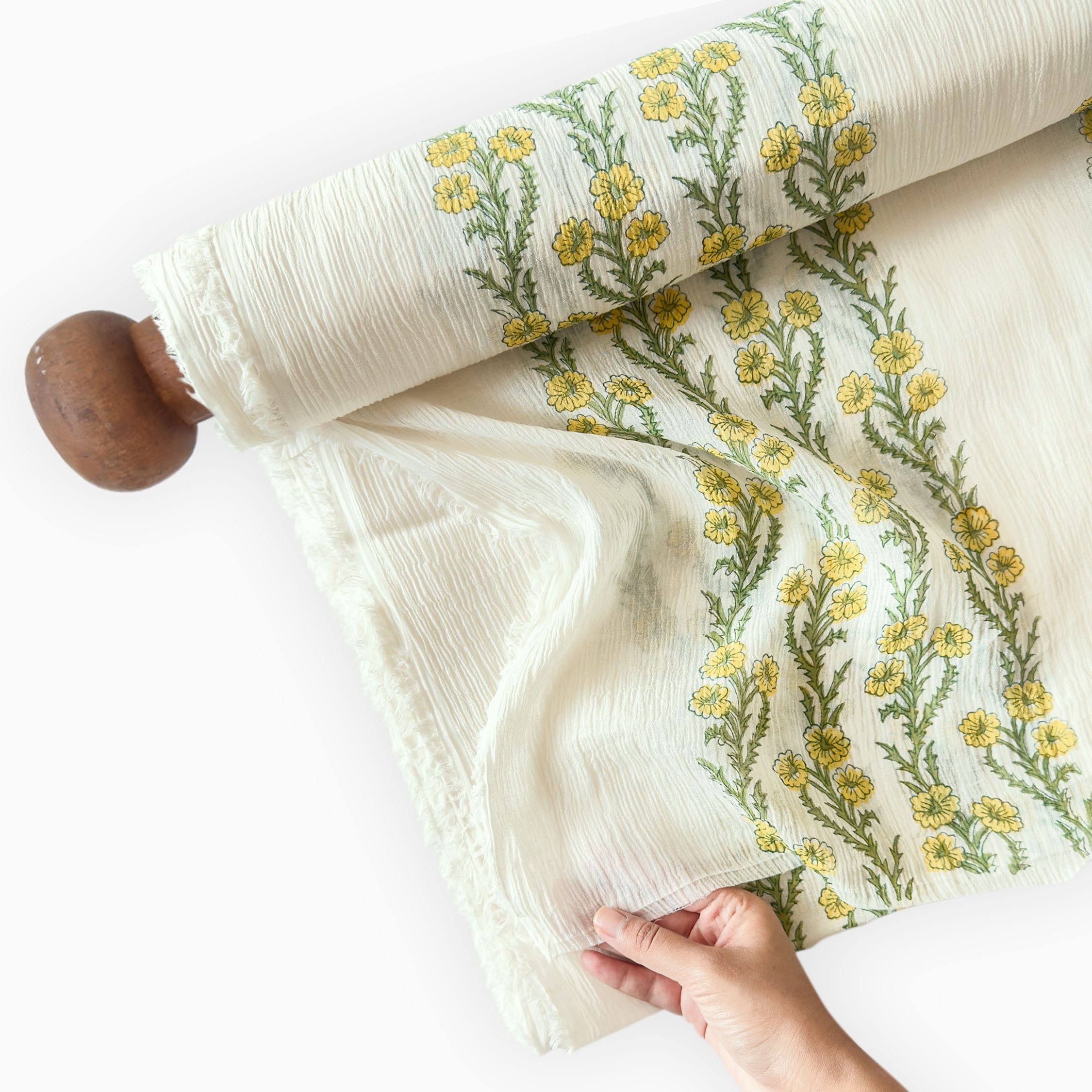 Hand Block Printed Mul Chanderi Fabric Fabric Off-White & Yellow Mul Chanderi Crush Fabric