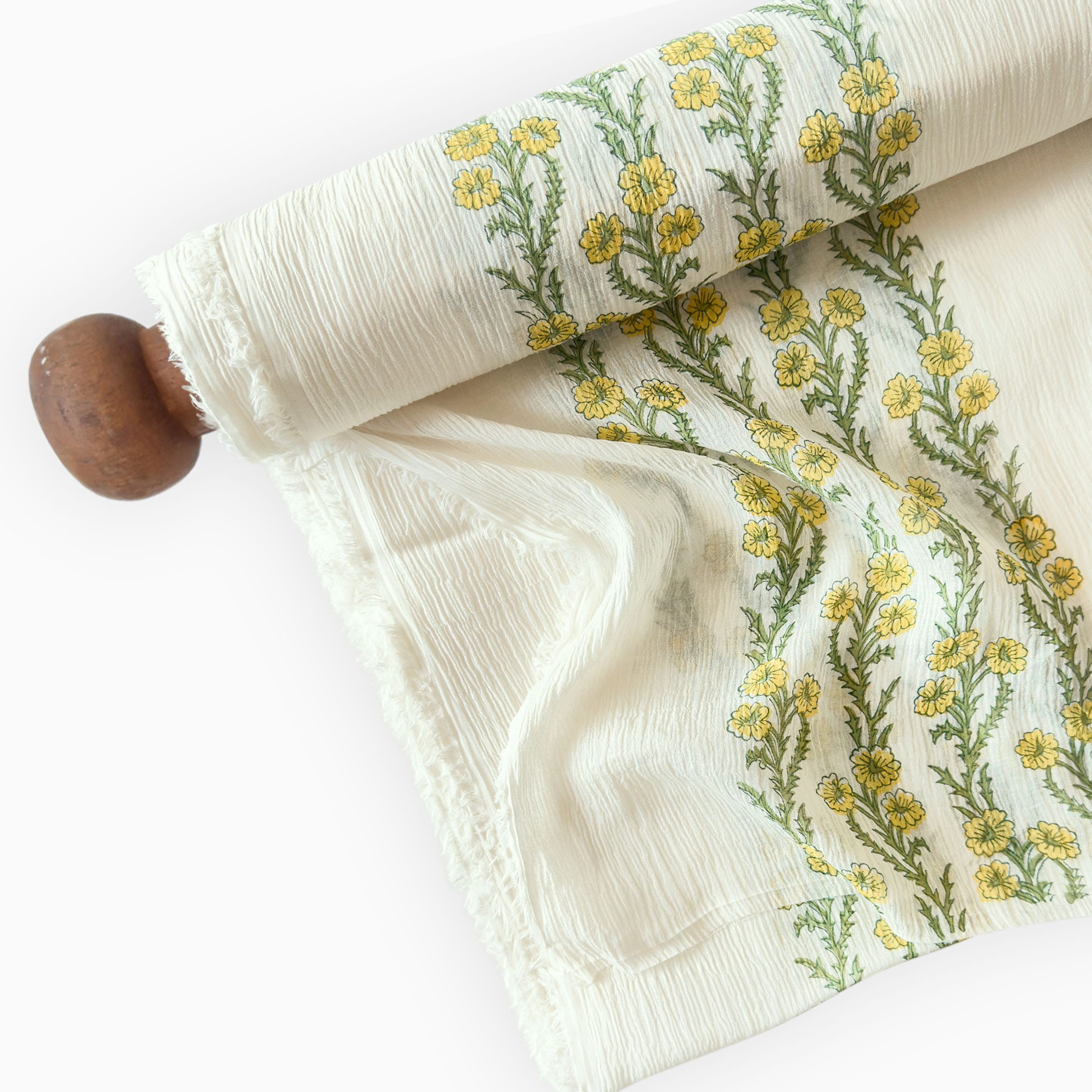 Hand Block Printed Mul Chanderi Fabric Fabric Off-White & Yellow Mul Chanderi Crush Fabric