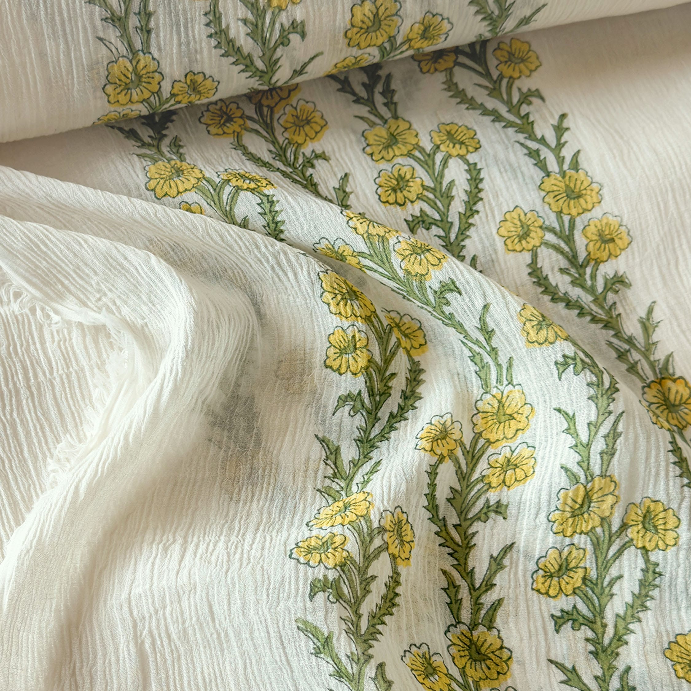 Hand Block Printed Mul Chanderi Fabric Fabric Off-White & Yellow Mul Chanderi Crush Fabric