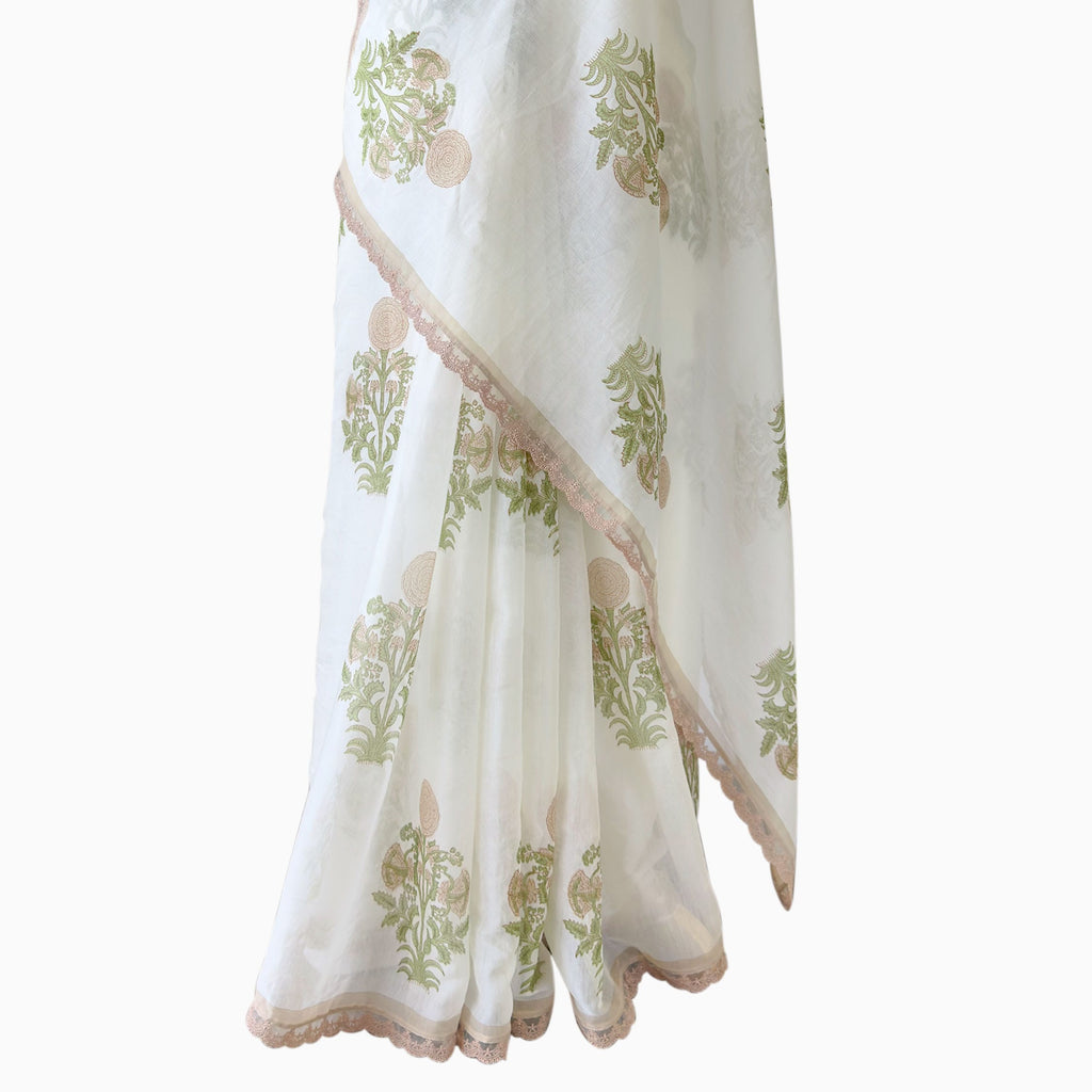Hand Block Printed Mul Chanderi Saree Saree Pure White & Beige Mul Chanderi Saree