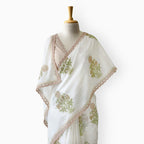 Hand Block Printed Mul Chanderi Saree Saree Pure White & Beige Mul Chanderi Saree