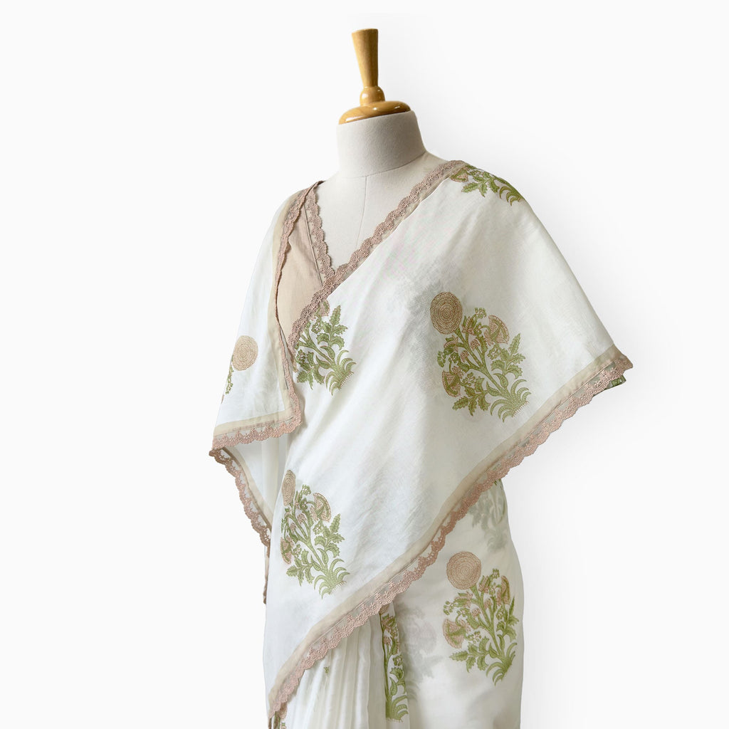 Hand Block Printed Mul Chanderi Saree Saree Pure White & Beige Mul Chanderi Saree