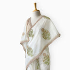 Hand Block Printed Mul Chanderi Saree Saree Pure White & Beige Mul Chanderi Saree